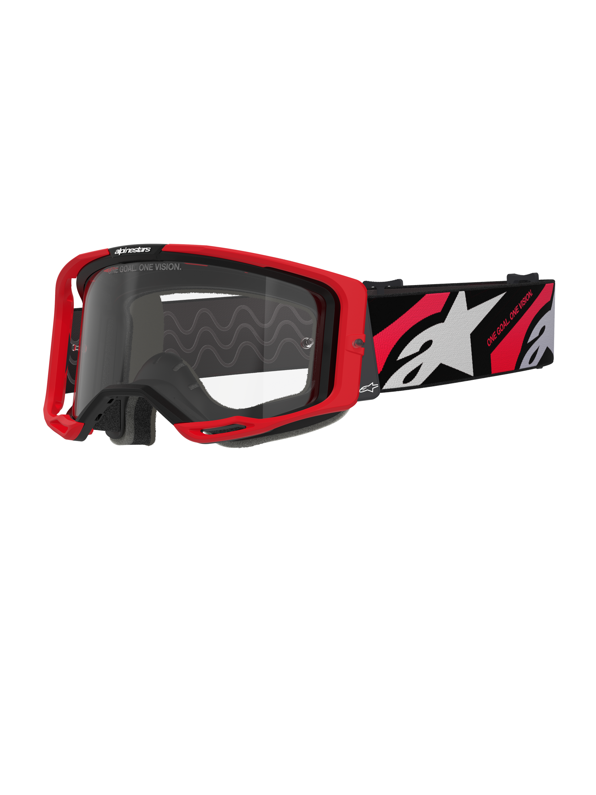 Alpinestars Vision 8 Luar Goggles, motorcrossbril, rood en zwart met heldere lens, voorzien van een rood A-FLEX frame, heldere anti-condens lens en een zwarte geweven band met rode en witte graphics en Alpinestars-branding