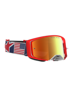 Alpinestars Supertech Fiftyfold Limited Edition motorcrossbril, rood met rode spiegellens en band met Amerikaanse vlag.