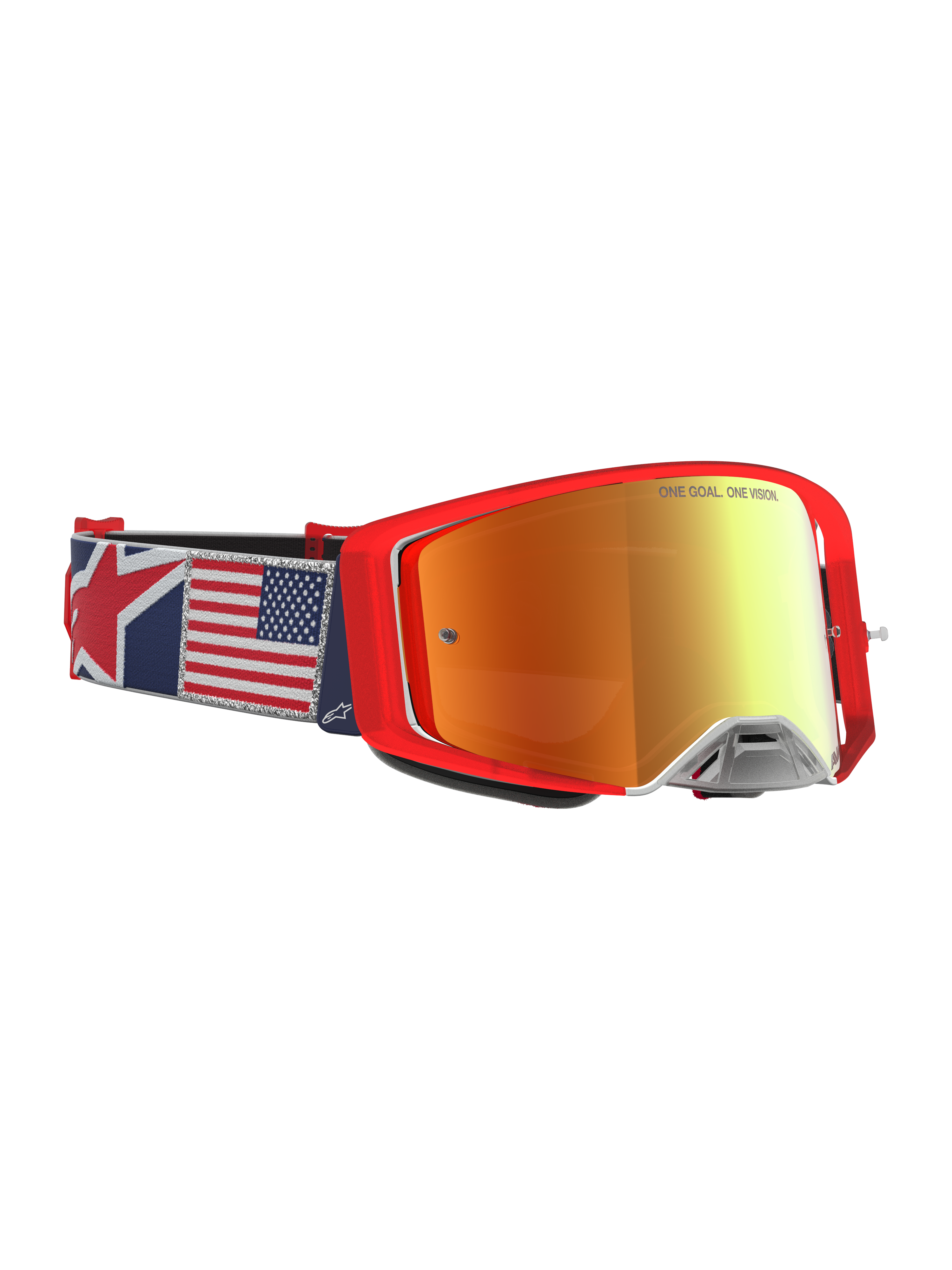 Alpinestars Supertech Fiftyfold Limited Edition motorcrossbril, rood met rode spiegellens en band met Amerikaanse vlag.