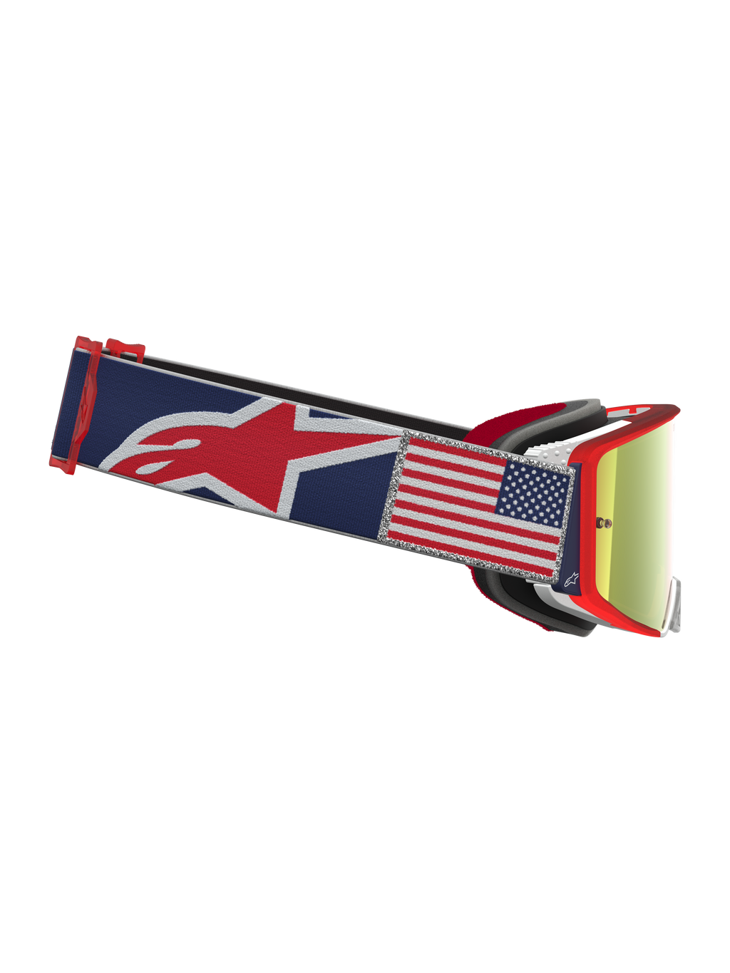 Alpinestars Supertech Fiftyfold motorcrossbril, blauw en rood met rode spiegellens en USA-vlag patch, limited edition.