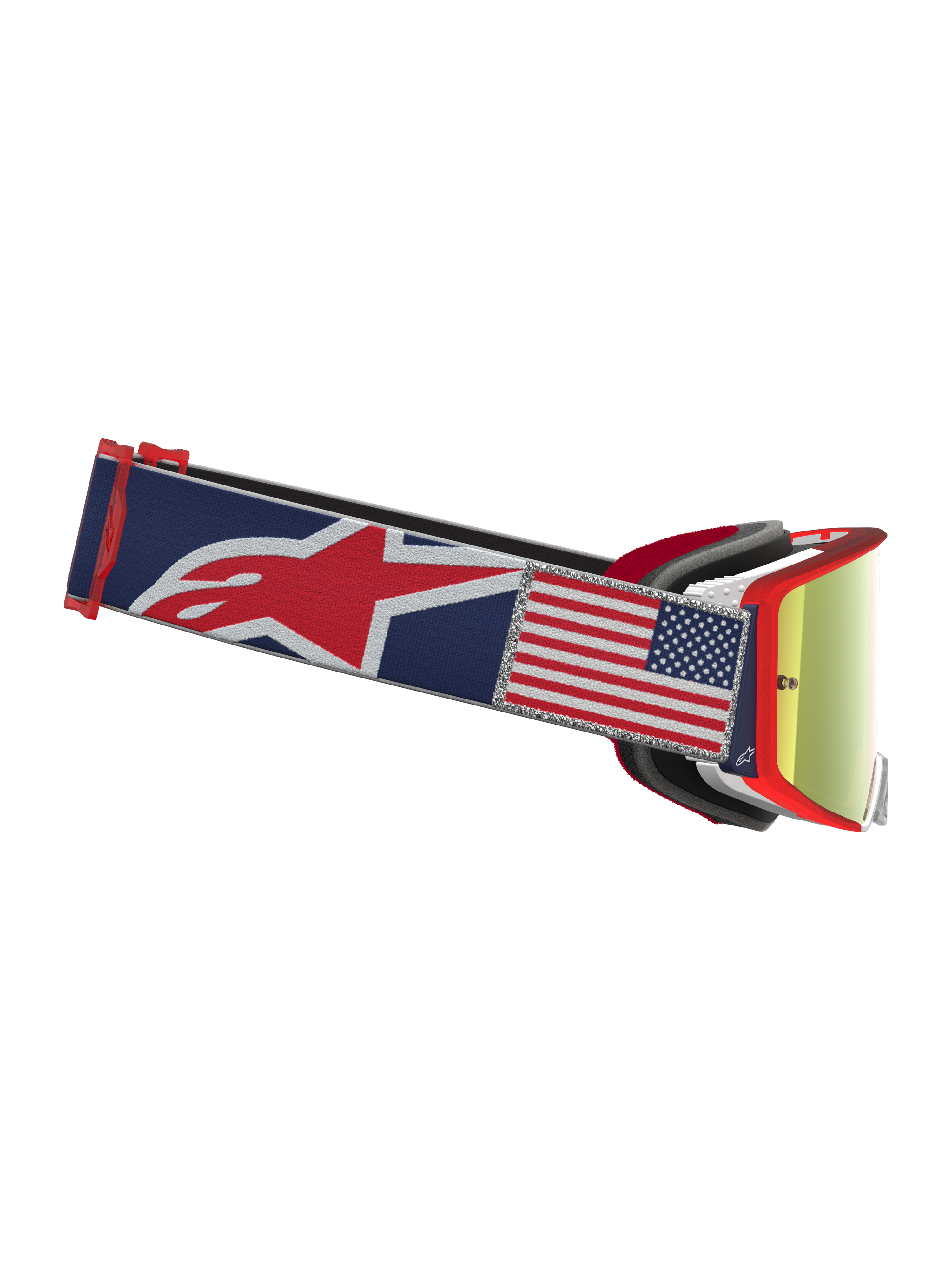 Alpinestars Supertech Fiftyfold motorcrossbril, blauw en rood met rode spiegellens en USA-vlag patch, limited edition.