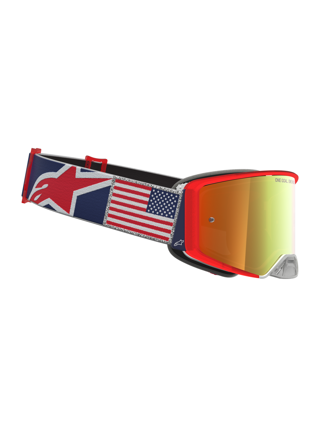 Alpinestars Supertech Fiftyfold veiligheidsbril, blauwe en rode motorcrossbril met Amerikaanse vlag en goudkleurig vizier.