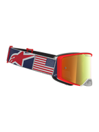 Alpinestars Supertech Fiftyfold veiligheidsbril, blauwe en rode motorcrossbril met Amerikaanse vlag en goudkleurig vizier.
