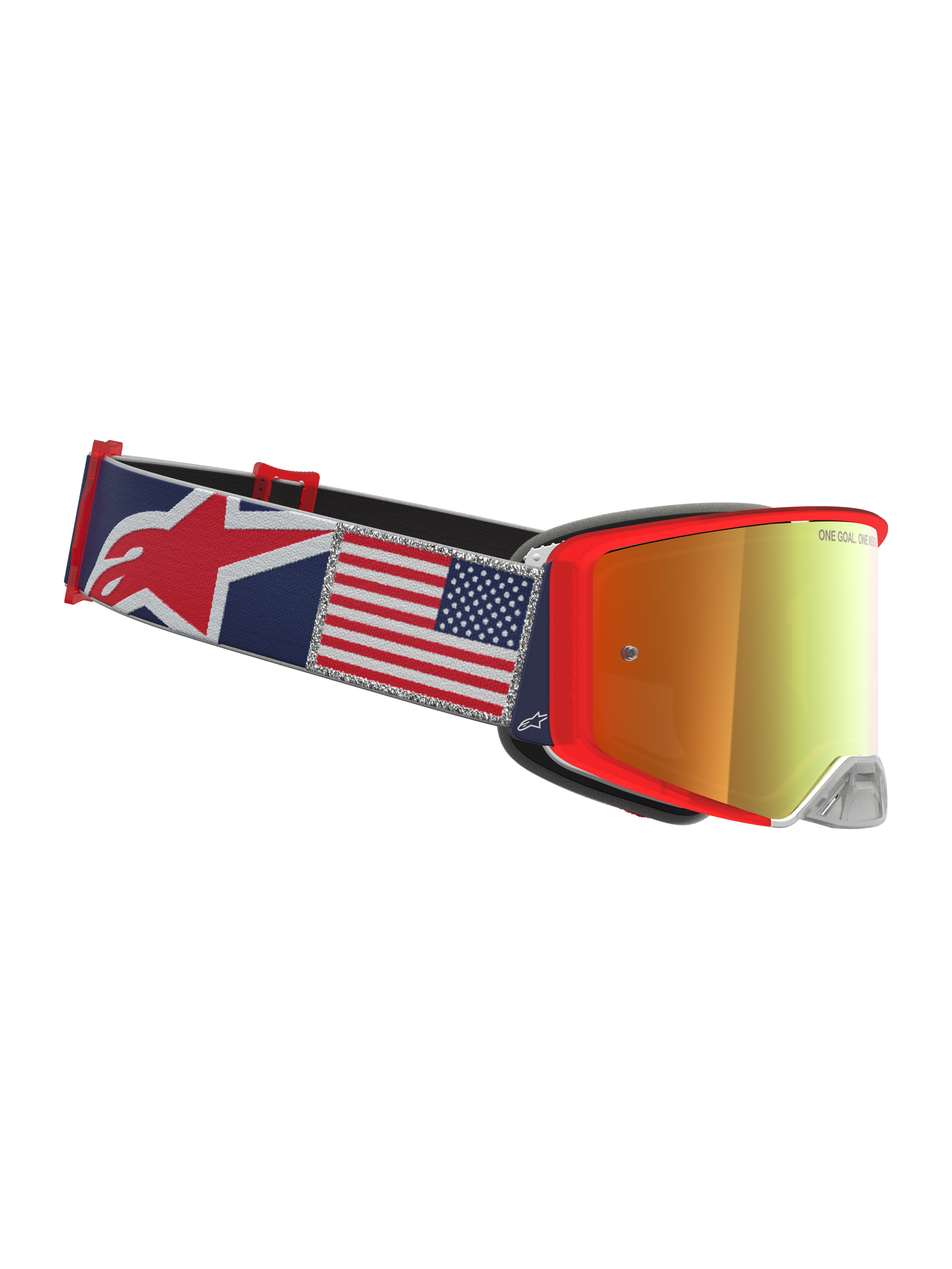 Alpinestars Supertech Fiftyfold veiligheidsbril, blauwe en rode motorcrossbril met Amerikaanse vlag en goudkleurig vizier.