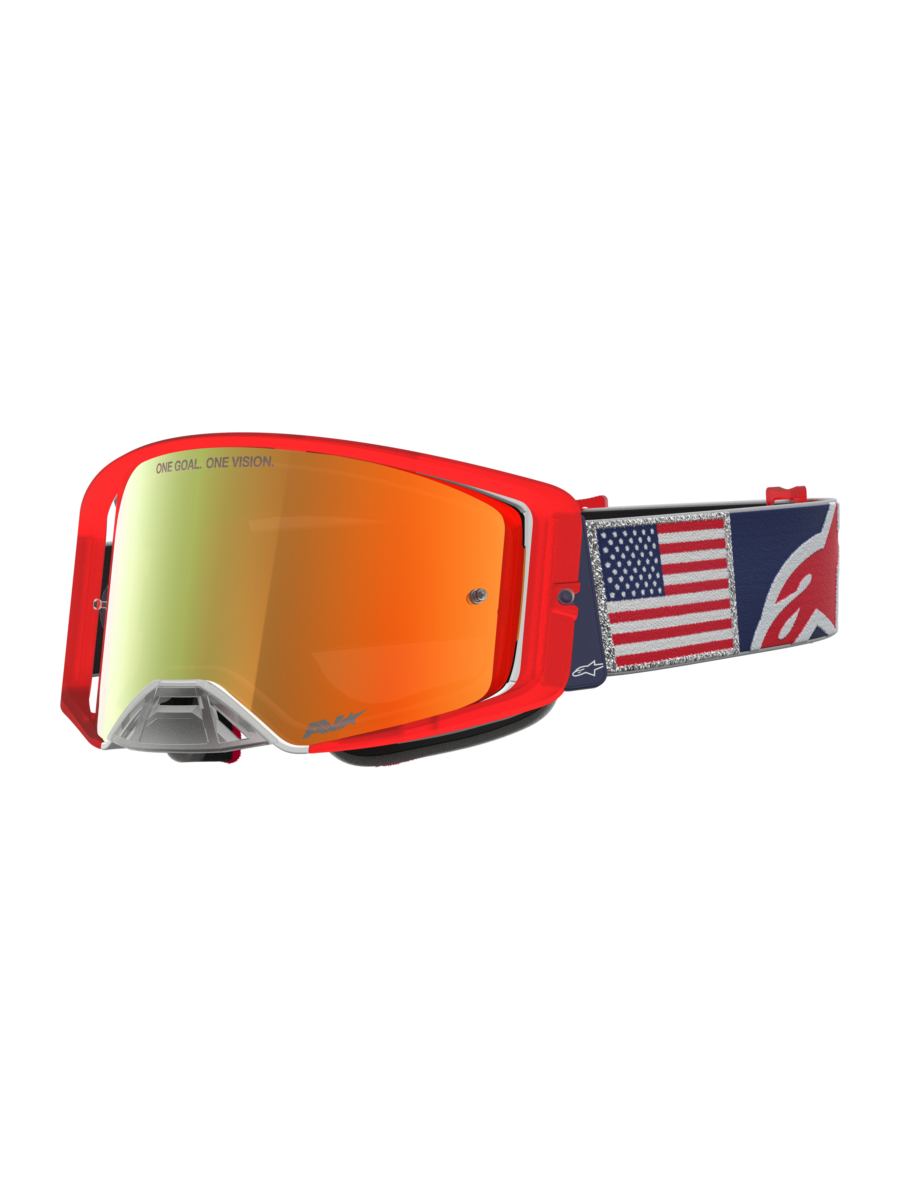 Alpinestars Supertech Fiftyfold Goggles, limited edition MX crossbril, rood en blauw met gespiegelde lens en USA-vlag.