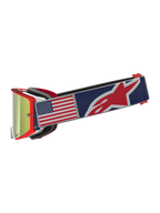 Alpinestars Supertech Limited Edition Fiftyfold veiligheidsbril, rood en blauw, met Amerikaanse vlag en gespiegelde lens.