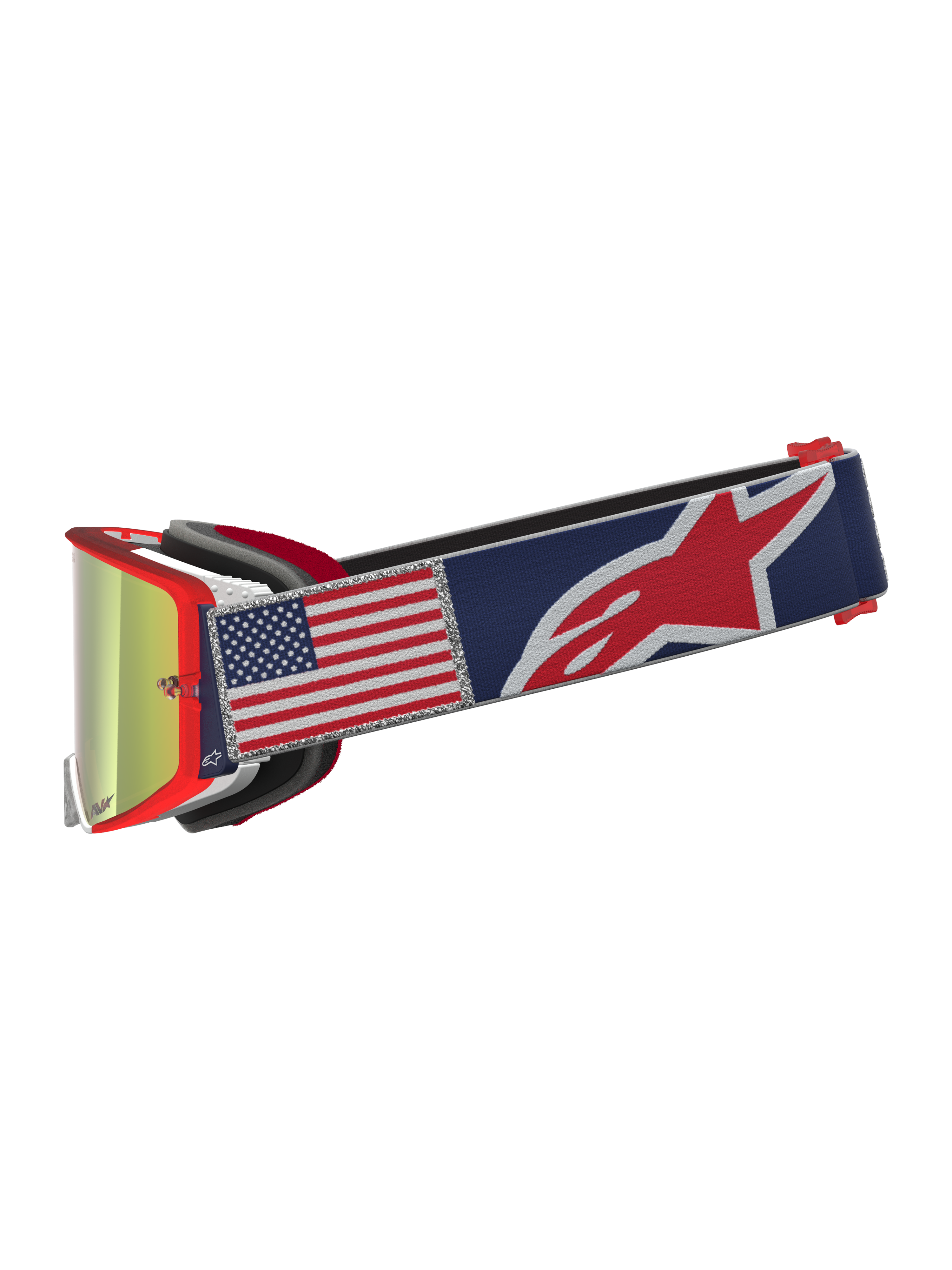 Alpinestars Supertech Limited Edition Fiftyfold veiligheidsbril, rood en blauw, met Amerikaanse vlag en gespiegelde lens.