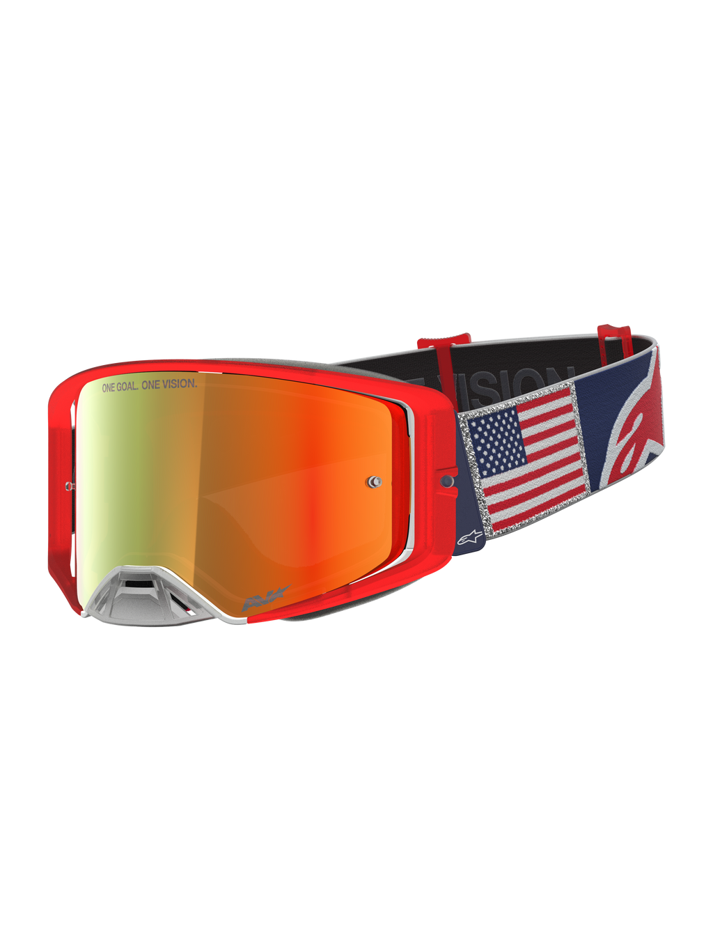 Alpinestars Limited Edition Supertech Fiftyfold motorcrossbril, rood en blauw met Amerikaanse vlag en rode spiegelglaslens.