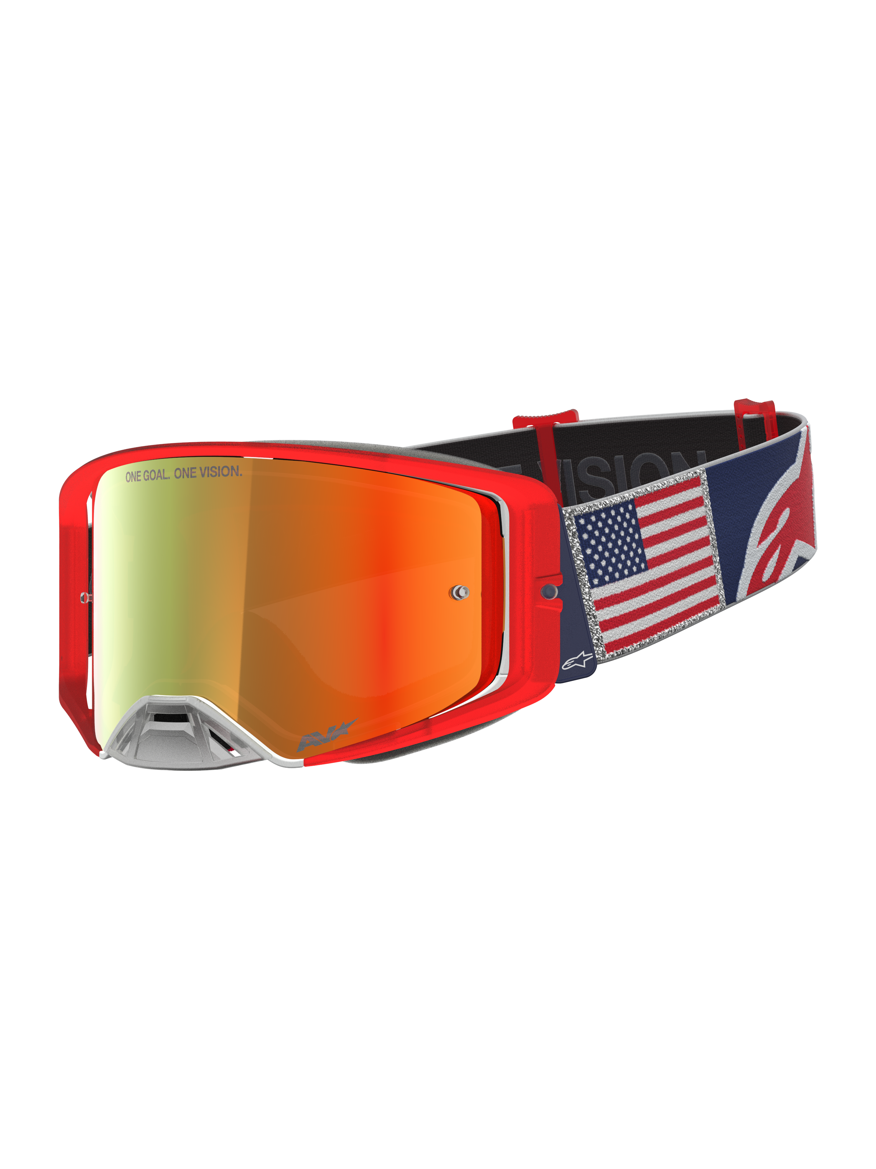 Alpinestars Limited Edition Supertech Fiftyfold motorcrossbril, rood en blauw met Amerikaanse vlag en rode spiegelglaslens.