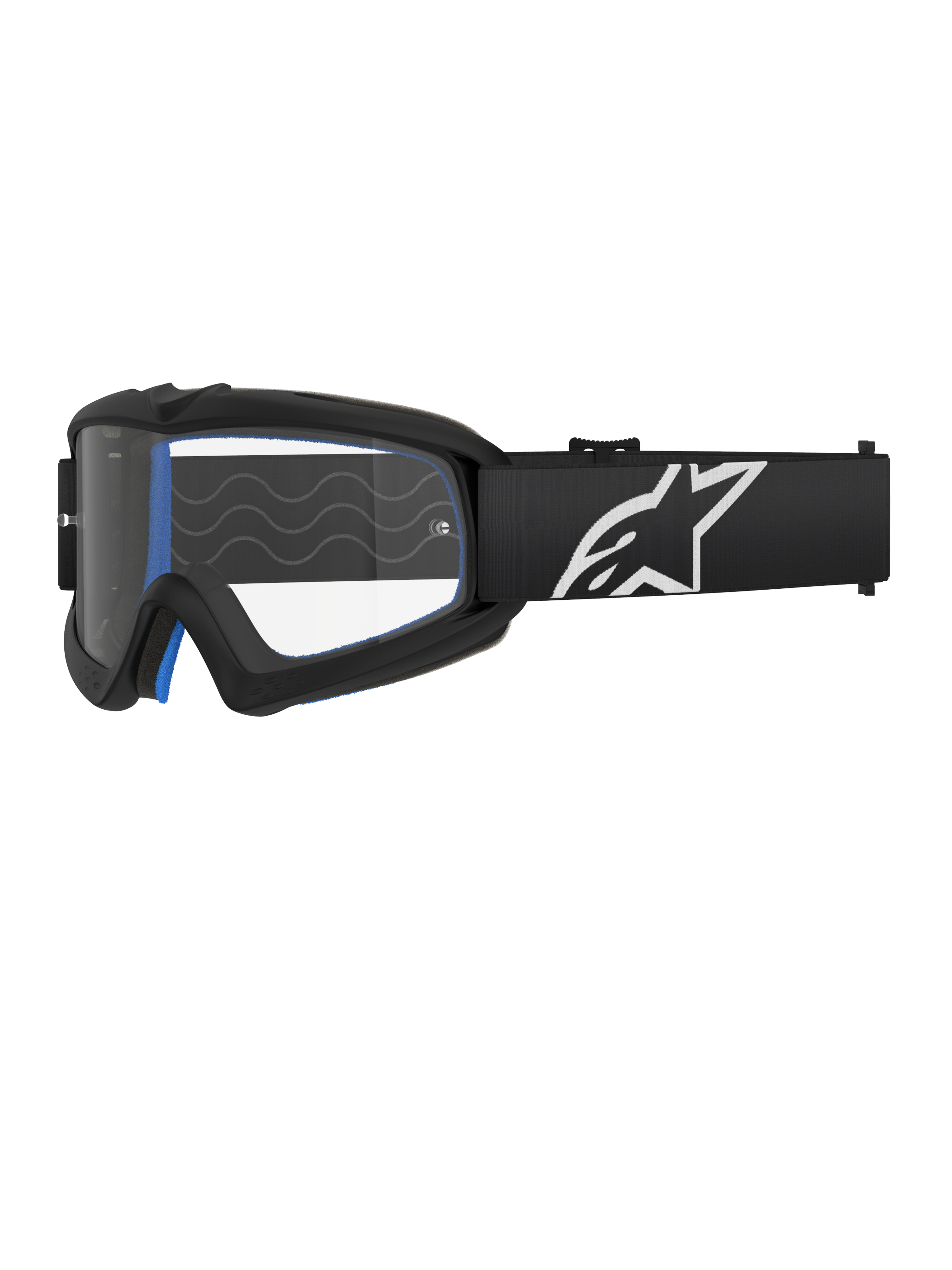 Alpinestars Vision Youth Corp Goggles, jeugd motorcrossbril, zwart met blauwe padding, heldere lens met golfpatroon, zwarte band met wit sterlogo, strak modern ontwerp