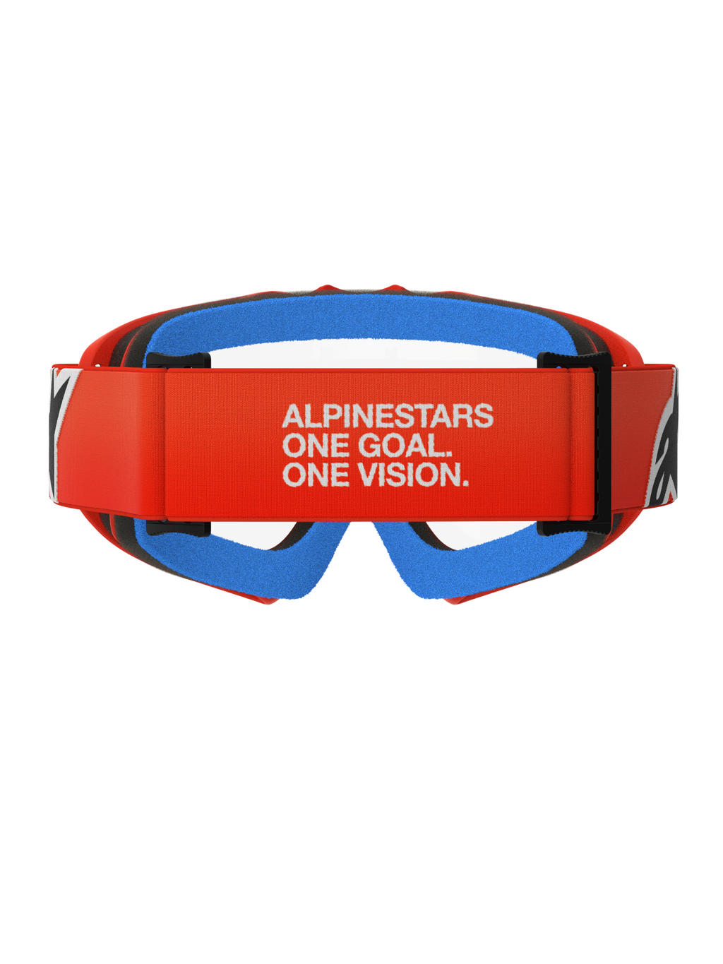 Alpinestars Vision Youth Corp crossbril, motorcrossbril, oranje met heldere lens, achteraanzicht met oranje band voorzien van witte Alpinestars slogan, blauw gezichtsschuim aan de binnenzijde en heldere polycarbonaat lens