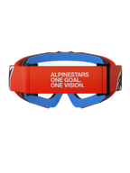 Alpinestars Vision Youth Corp crossbril, motorcrossbril, oranje met heldere lens, achteraanzicht met oranje band voorzien van witte Alpinestars slogan, blauw gezichtsschuim aan de binnenzijde en heldere polycarbonaat lens