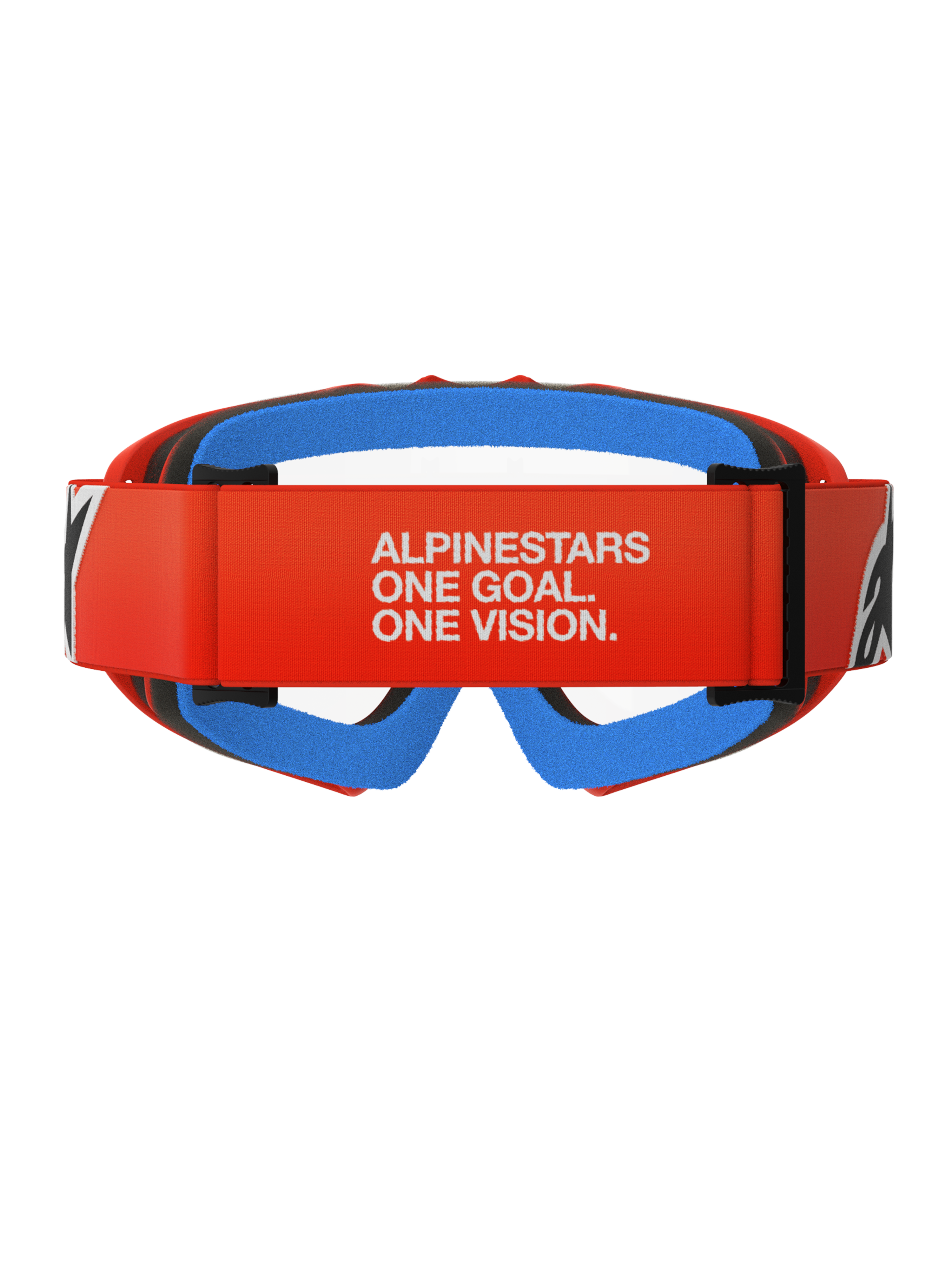 Alpinestars Vision Youth Corp crossbril, motorcrossbril, oranje met heldere lens, achteraanzicht met oranje band voorzien van witte Alpinestars slogan, blauw gezichtsschuim aan de binnenzijde en heldere polycarbonaat lens
