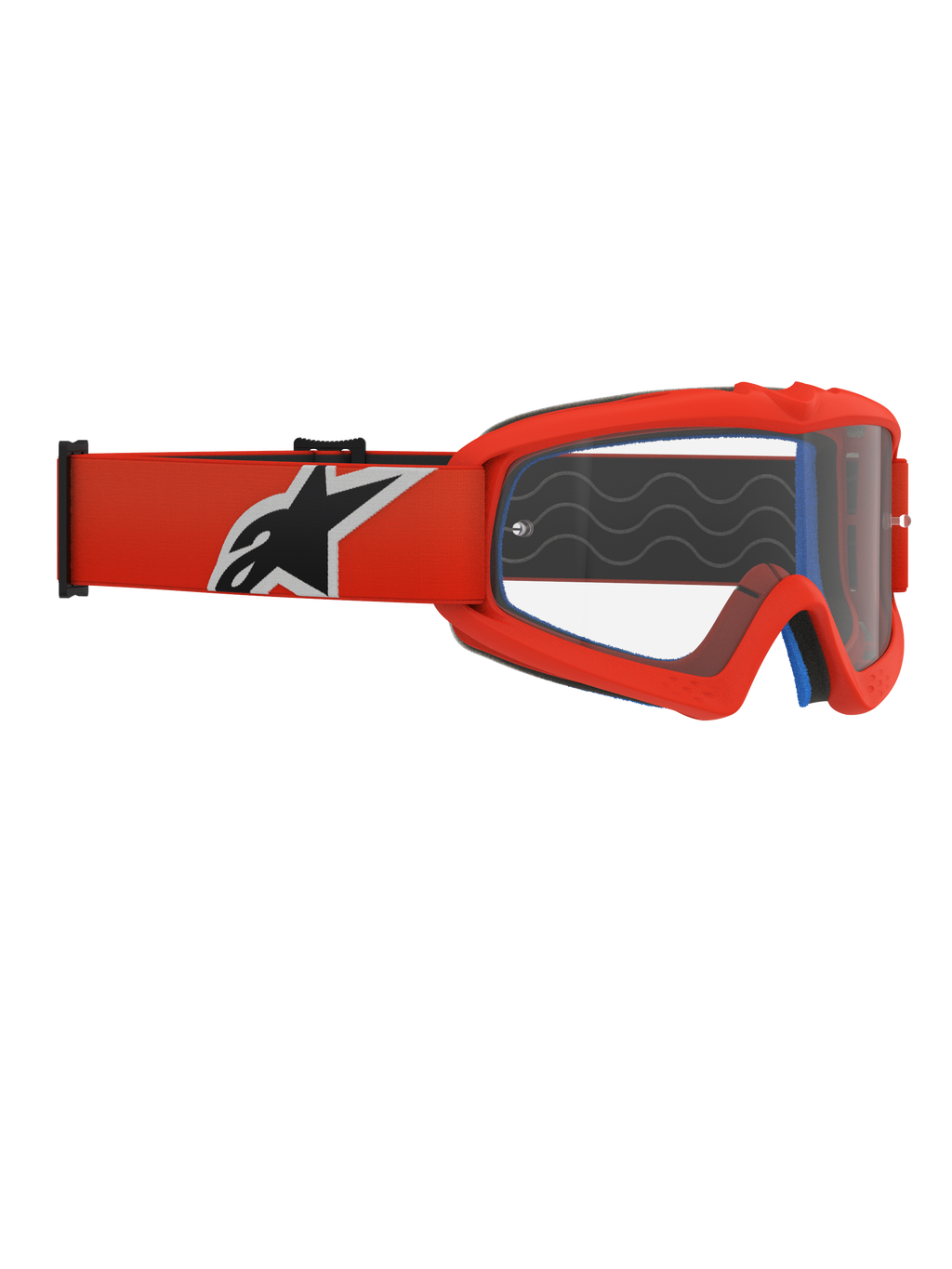Alpinestars Vision Youth Corp Goggles, jeugd motorcrossbril, oranje frame en heldere lens, oranje band met opvallend zwart en wit Alpinestars-logo, zichtbaar blauw gezichtsschuim, siliconen grip-golven, polycarbonaat anti-condens lens voor off-road racing