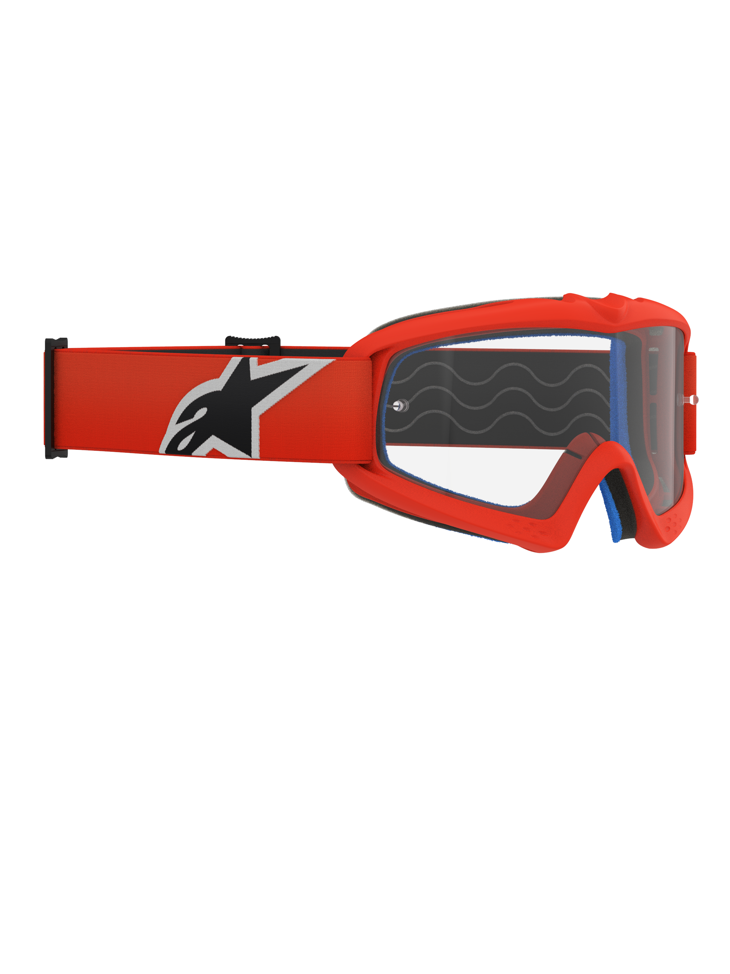 Alpinestars Vision Youth Corp Goggles, jeugd motorcrossbril, oranje frame en heldere lens, oranje band met opvallend zwart en wit Alpinestars-logo, zichtbaar blauw gezichtsschuim, siliconen grip-golven, polycarbonaat anti-condens lens voor off-road racing