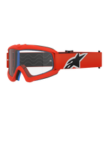 Alpinestars Vision Youth Corp Goggles, motorcrossbril, oranje en helder, met een oranje frame en brede band met een opvallend zwart-wit logo, heldere anti-fog lens, ontworpen voor jeugdrijders en off-road racen.