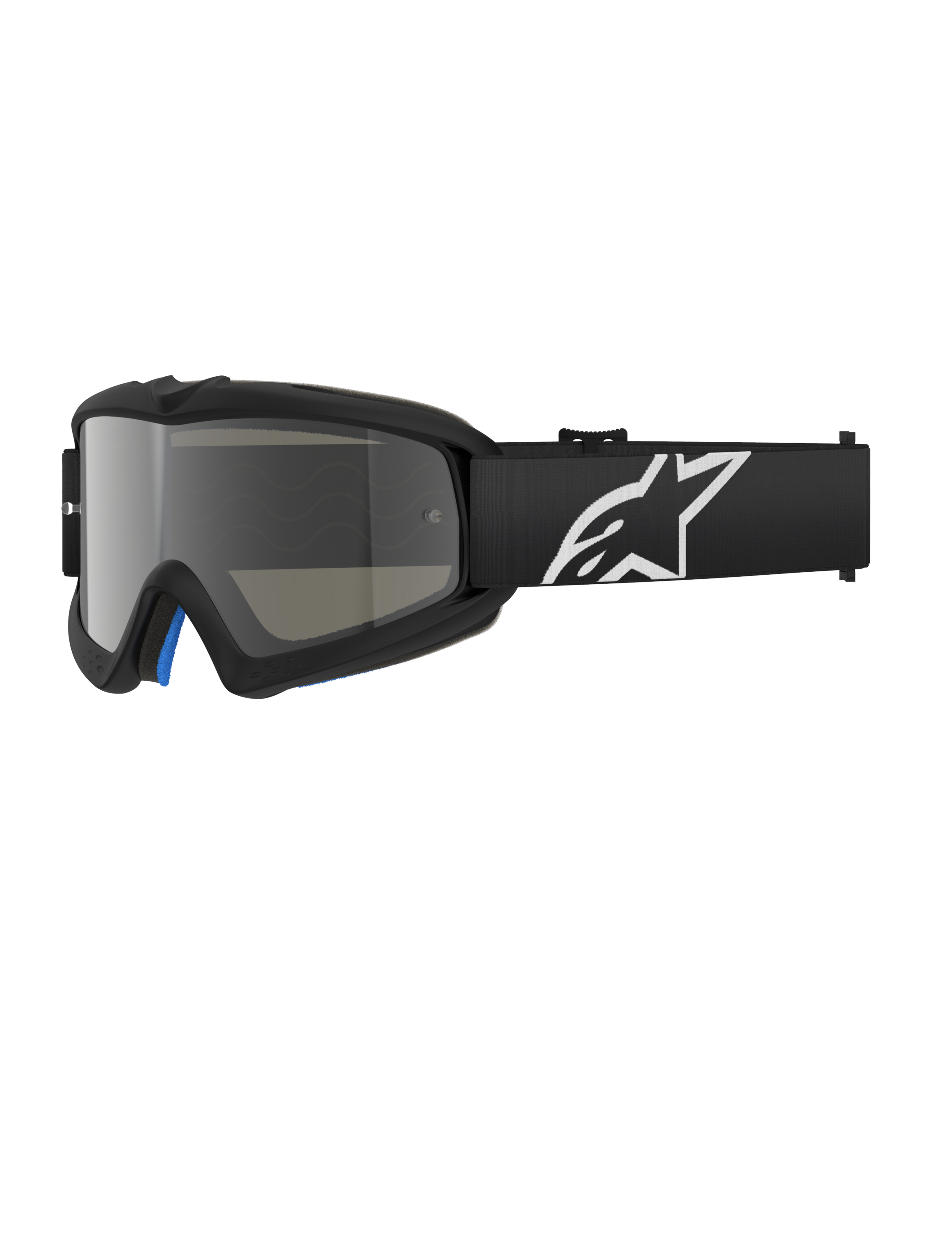 Alpinestars Vision Youth Corp crossbril, zwarte motorcrossbril met een zilveren spiegelglas, jeugdmaat, zwarte verstelbare band met wit sterlogo, blauwe schuimvulling aan de binnenkant, ontworpen voor off-road motorracen
