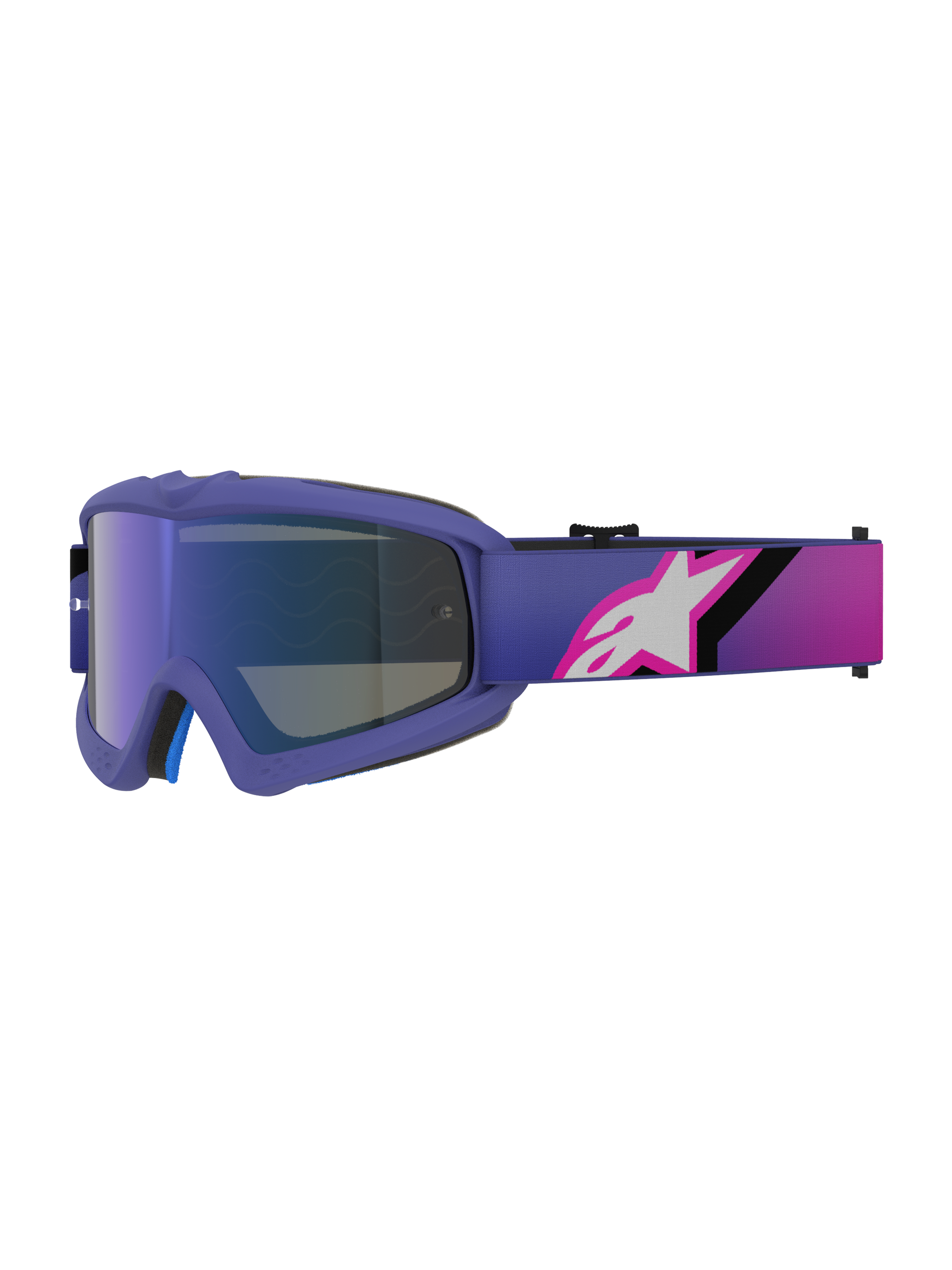 Alpinestars Vision Youth Corp Goggles, motocrossbril, paars en fluo roze, met een Mirror Blue-lens en een band met kleurverloop en een wit Alpinestars-logo, ontworpen voor off-road jeugdrijders