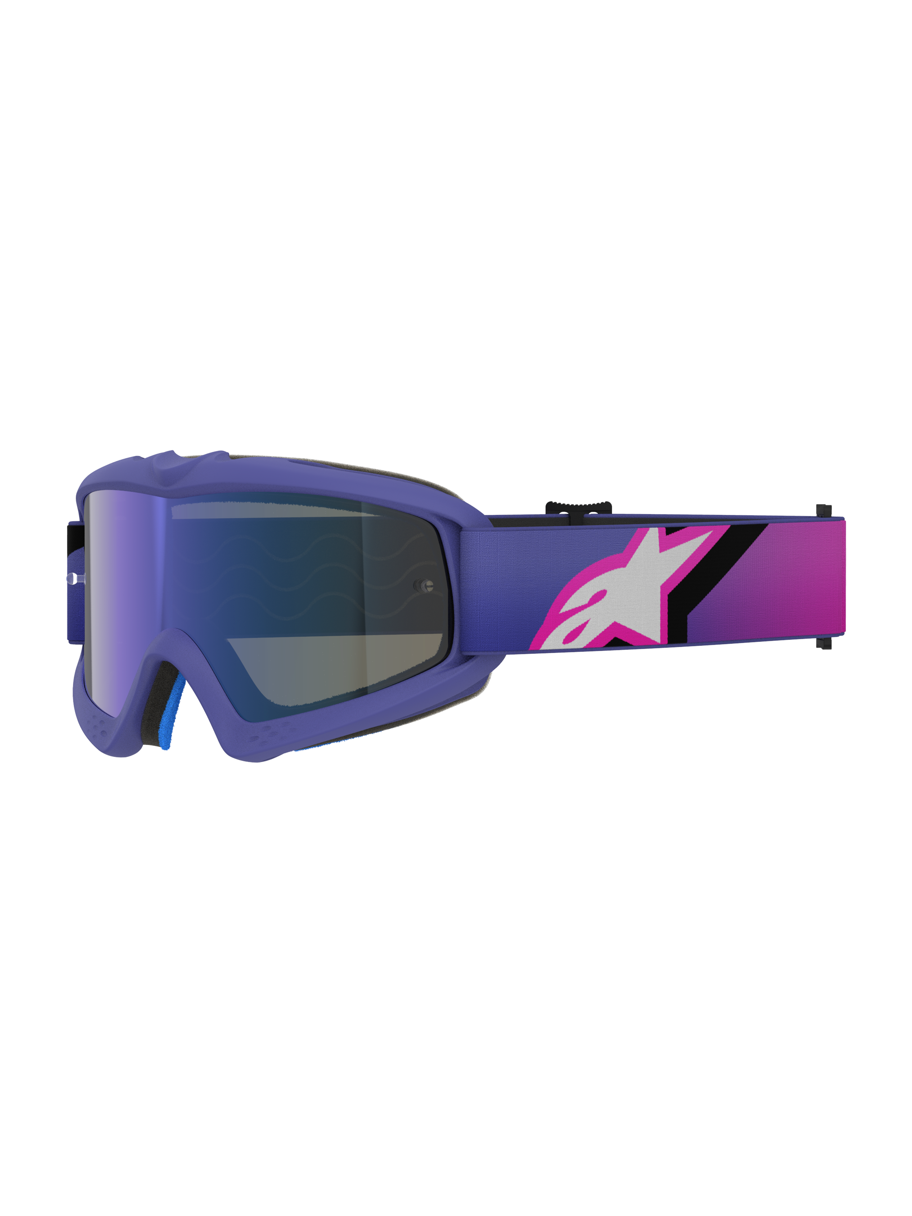 Alpinestars Vision Youth Corp Goggles, motocrossbril, paars en fluo roze, met een Mirror Blue-lens en een band met kleurverloop en een wit Alpinestars-logo, ontworpen voor off-road jeugdrijders