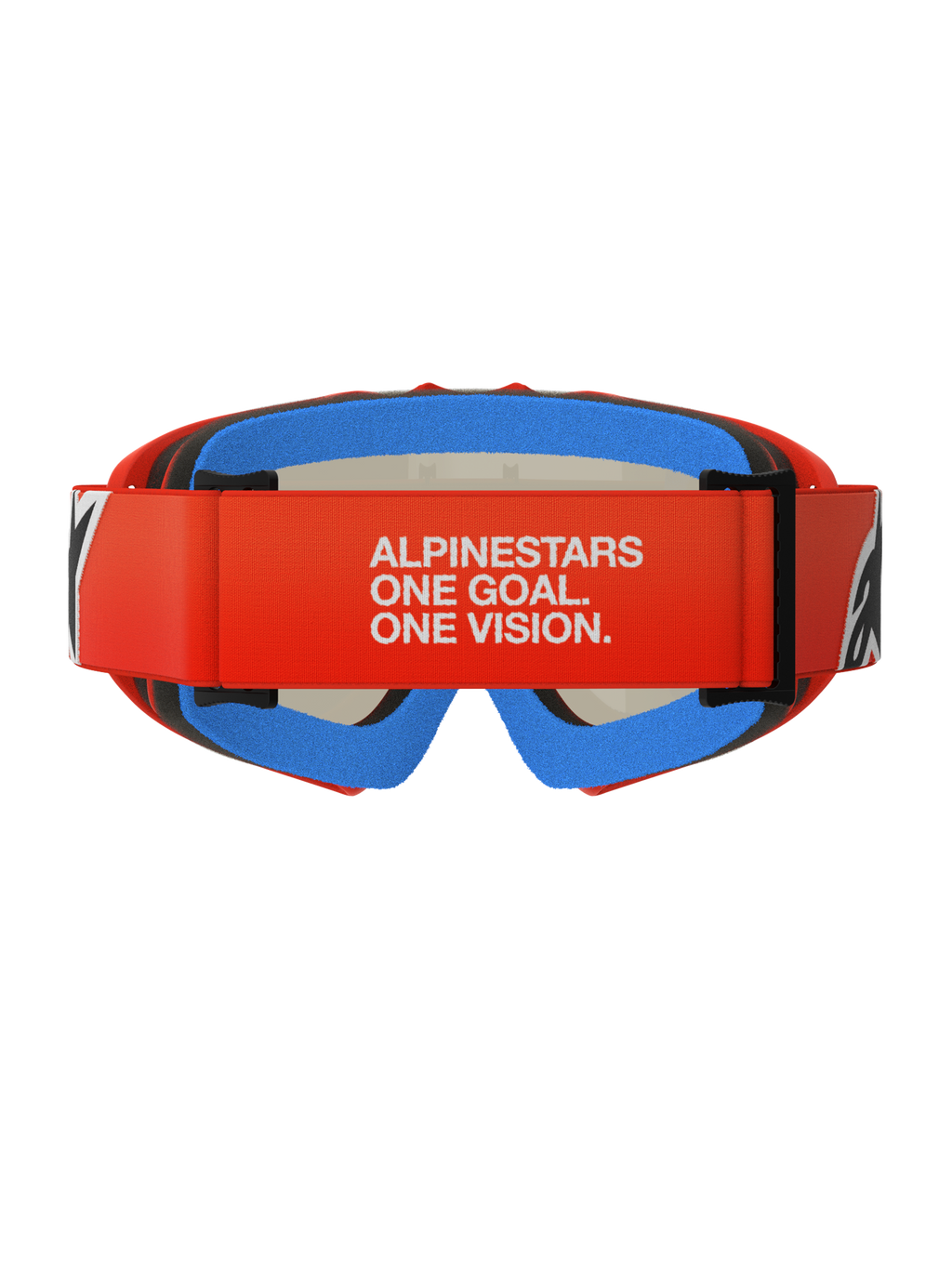 Alpinestars Vision Youth Corp Goggles, jeugd motorcrossbril, oranje en rood met blauw schuim, achteraanzicht met brede rode band voorzien van witte 'ALPINESTARS ONE GOAL. ONE VISION.' branding, meerlaags comfortschuim voor een stevige pasvorm