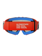 Alpinestars Vision Youth Corp Goggles, jeugd motorcrossbril, oranje en rood met blauw schuim, achteraanzicht met brede rode band voorzien van witte 'ALPINESTARS ONE GOAL. ONE VISION.' branding, meerlaags comfortschuim voor een stevige pasvorm