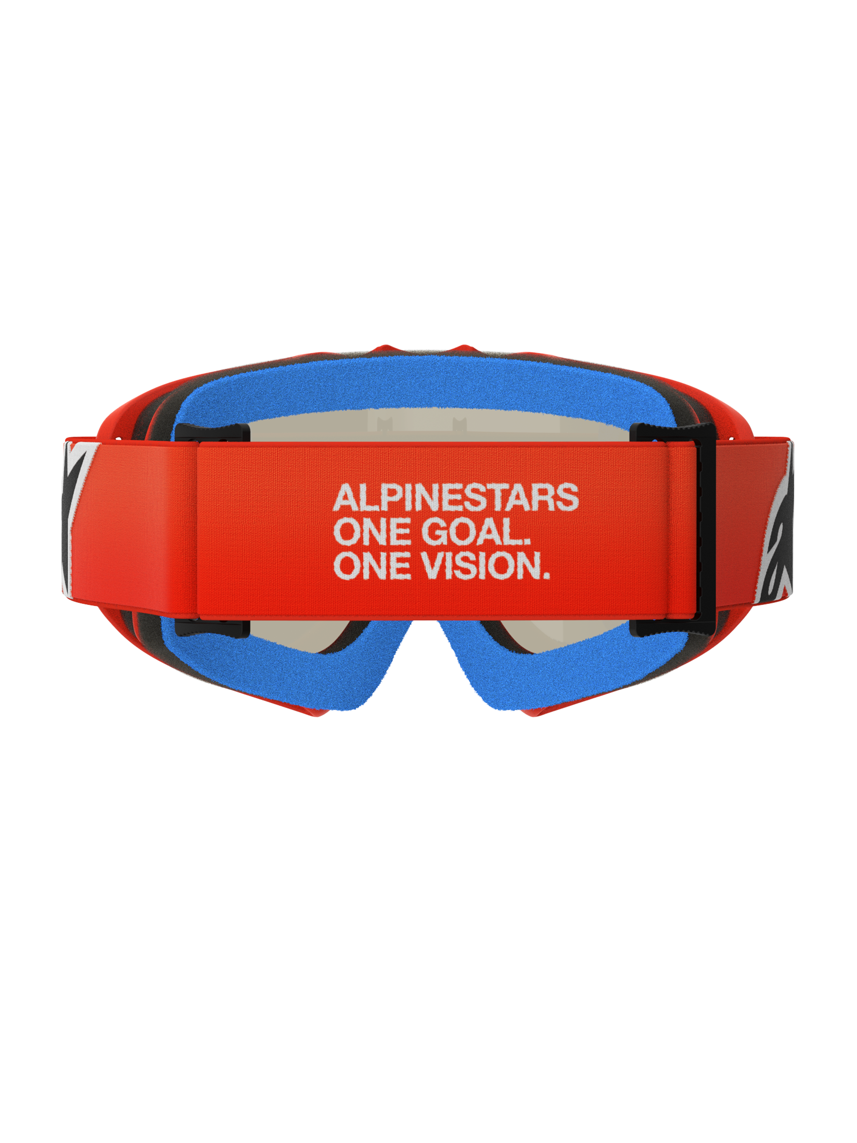 Alpinestars Vision Youth Corp Goggles, jeugd motorcrossbril, oranje en rood met blauw schuim, achteraanzicht met brede rode band voorzien van witte 'ALPINESTARS ONE GOAL. ONE VISION.' branding, meerlaags comfortschuim voor een stevige pasvorm