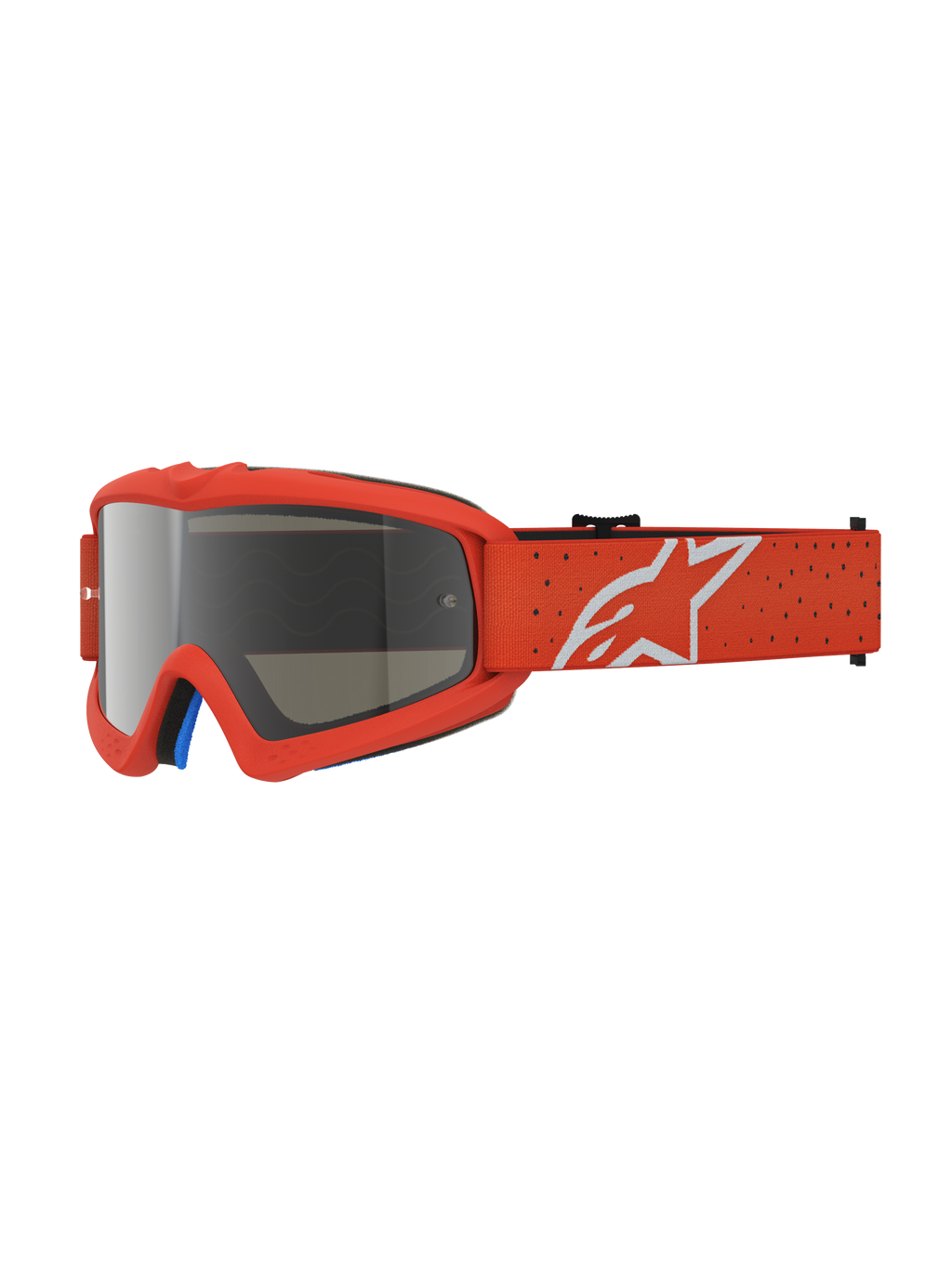Alpinestars Jeugd Vision Vesta veiligheidsbril, motorcrossbril in oranje met zilveren spiegelende anti-condens lens en wit sterlogo op de band.