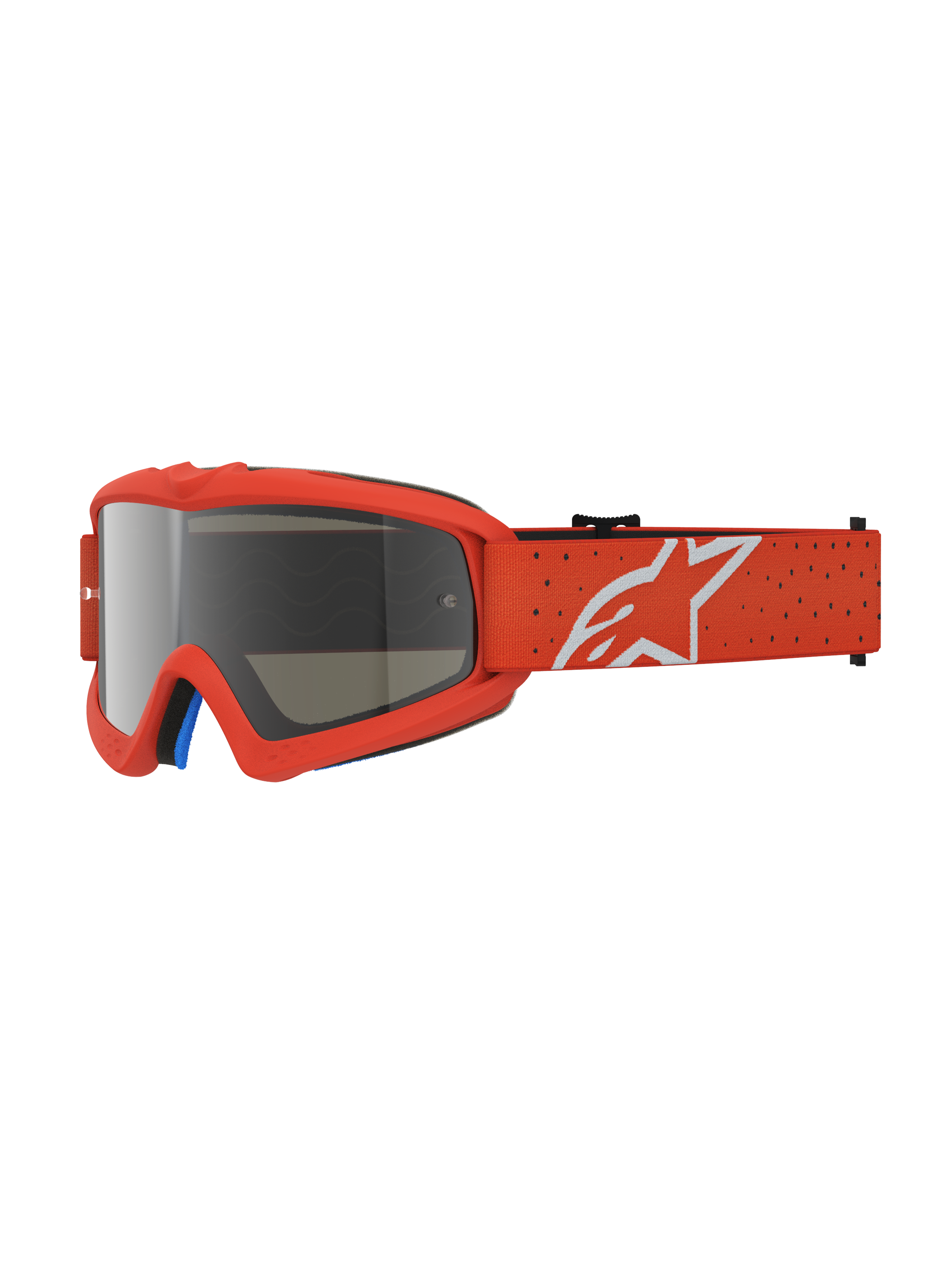 Alpinestars Jeugd Vision Vesta veiligheidsbril, motorcrossbril in oranje met zilveren spiegelende anti-condens lens en wit sterlogo op de band.
