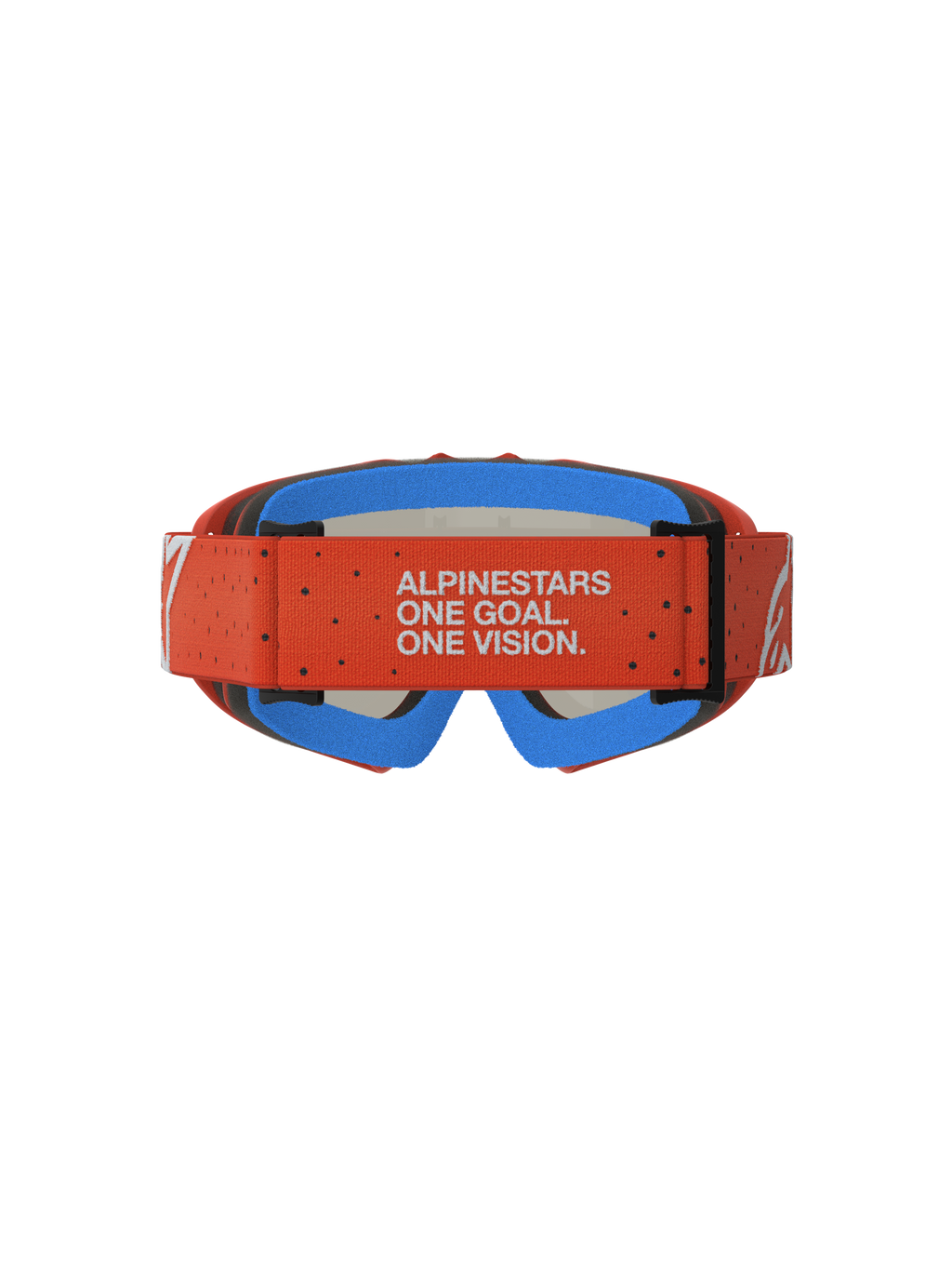 Alpinestars Jeugd Vision Vesta veiligheidsbril voor motorcross, met oranje band, merkmotto en blauw comfortschuim.