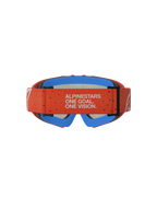 Alpinestars Jeugd Vision Vesta veiligheidsbril voor motorcross, met oranje band, merkmotto en blauw comfortschuim.