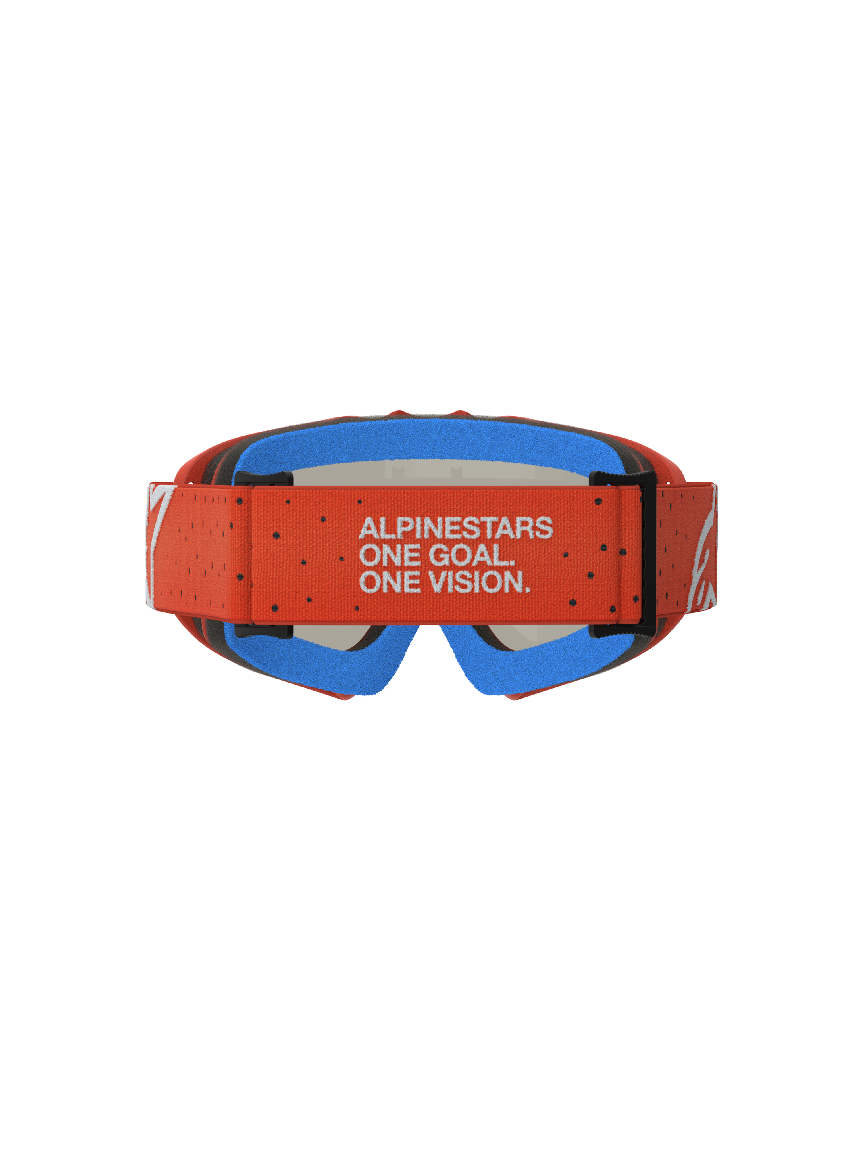 Alpinestars Jeugd Vision Vesta veiligheidsbril voor motorcross, met oranje band, merkmotto en blauw comfortschuim.