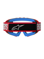 Alpinestars Vision Youth Blaze Goggles, rood en transparant, achteraanzicht met een rode geweven band met zwarte logopatch en witte branding, felblauw gezichtsschuim en een heldere anticondenslens, ontworpen voor jeugd motorcross racing.