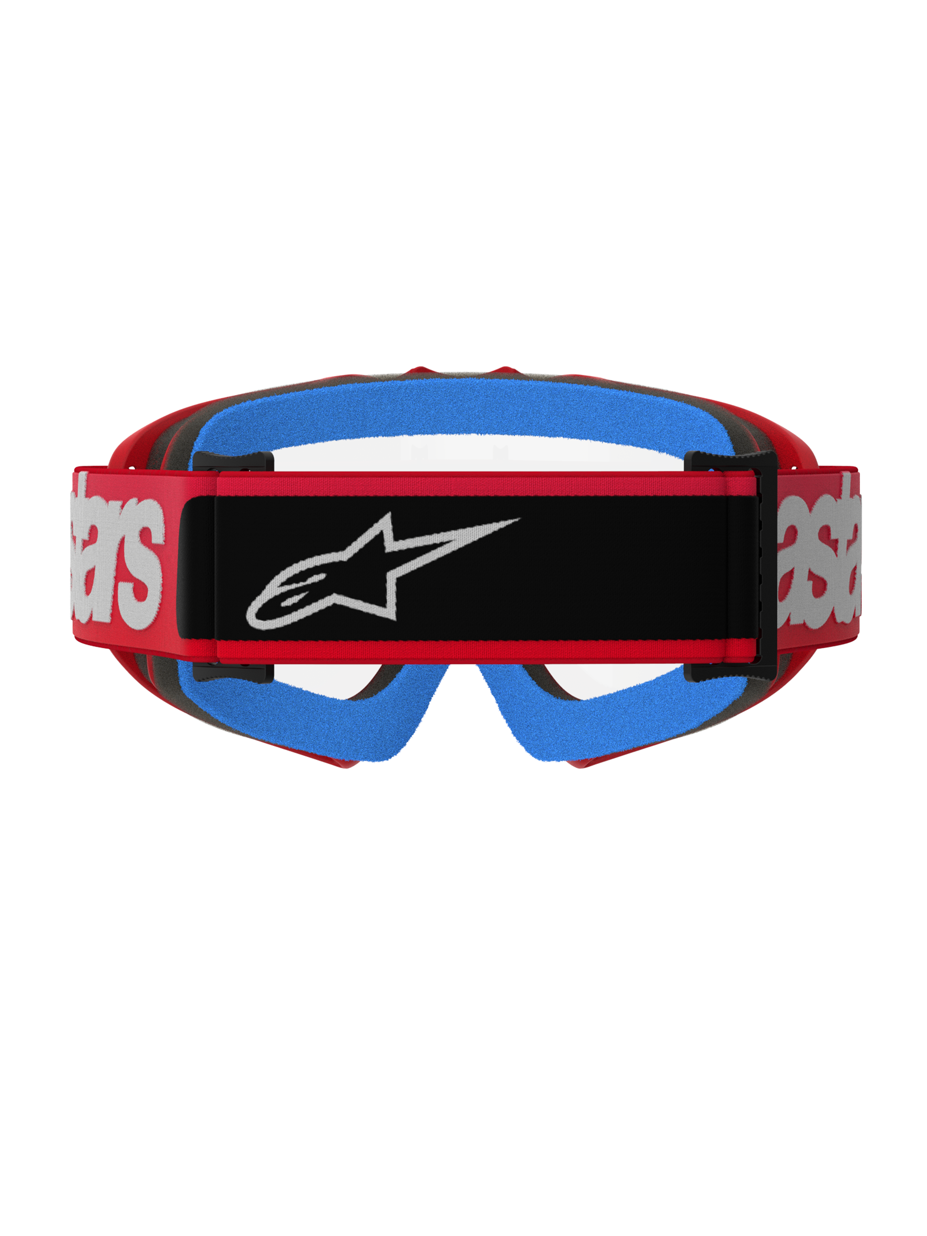Alpinestars Vision Youth Blaze Goggles, rood en transparant, achteraanzicht met een rode geweven band met zwarte logopatch en witte branding, felblauw gezichtsschuim en een heldere anticondenslens, ontworpen voor jeugd motorcross racing.