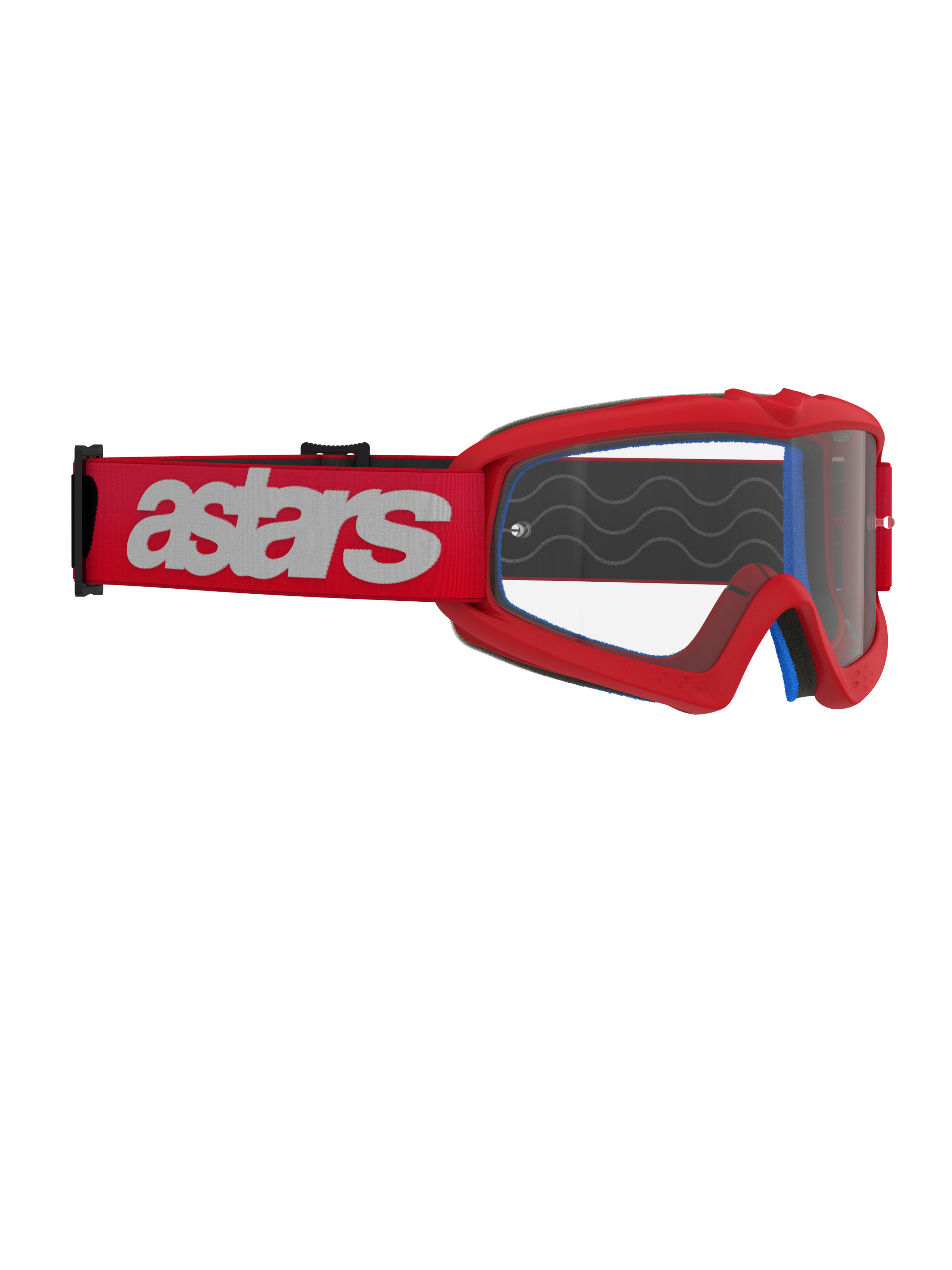 Alpinestars Vision Youth Blaze Goggles, motorcrossbril, rood en helder, rode band met wit astars-logo, jeugdspecifieke racebril met anti-fog polycarbonaat lens