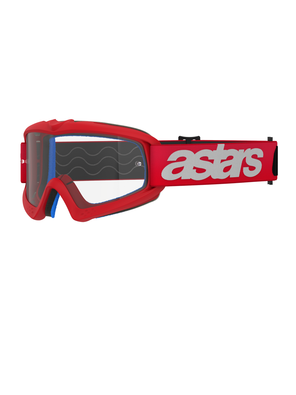 Alpinestars Vision Youth Blaze crossbril, jeugd motocrossbril, rood en wit, heldere lens met tear-off posts, blauwe binnenvoering, rode band met wit logo en siliconen golfpatroon voor grip, hoogwaardige oogbescherming voor off-road racing voor de jeugd