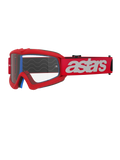 Alpinestars Vision Youth Blaze crossbril, jeugd motocrossbril, rood en wit, heldere lens met tear-off posts, blauwe binnenvoering, rode band met wit logo en siliconen golfpatroon voor grip, hoogwaardige oogbescherming voor off-road racing voor de jeugd