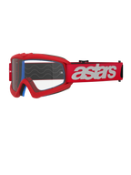 Alpinestars Vision Youth Blaze crossbril, jeugd motocrossbril, rood en wit, heldere lens met tear-off posts, blauwe binnenvoering, rode band met wit logo en siliconen golfpatroon voor grip, hoogwaardige oogbescherming voor off-road racing voor de jeugd