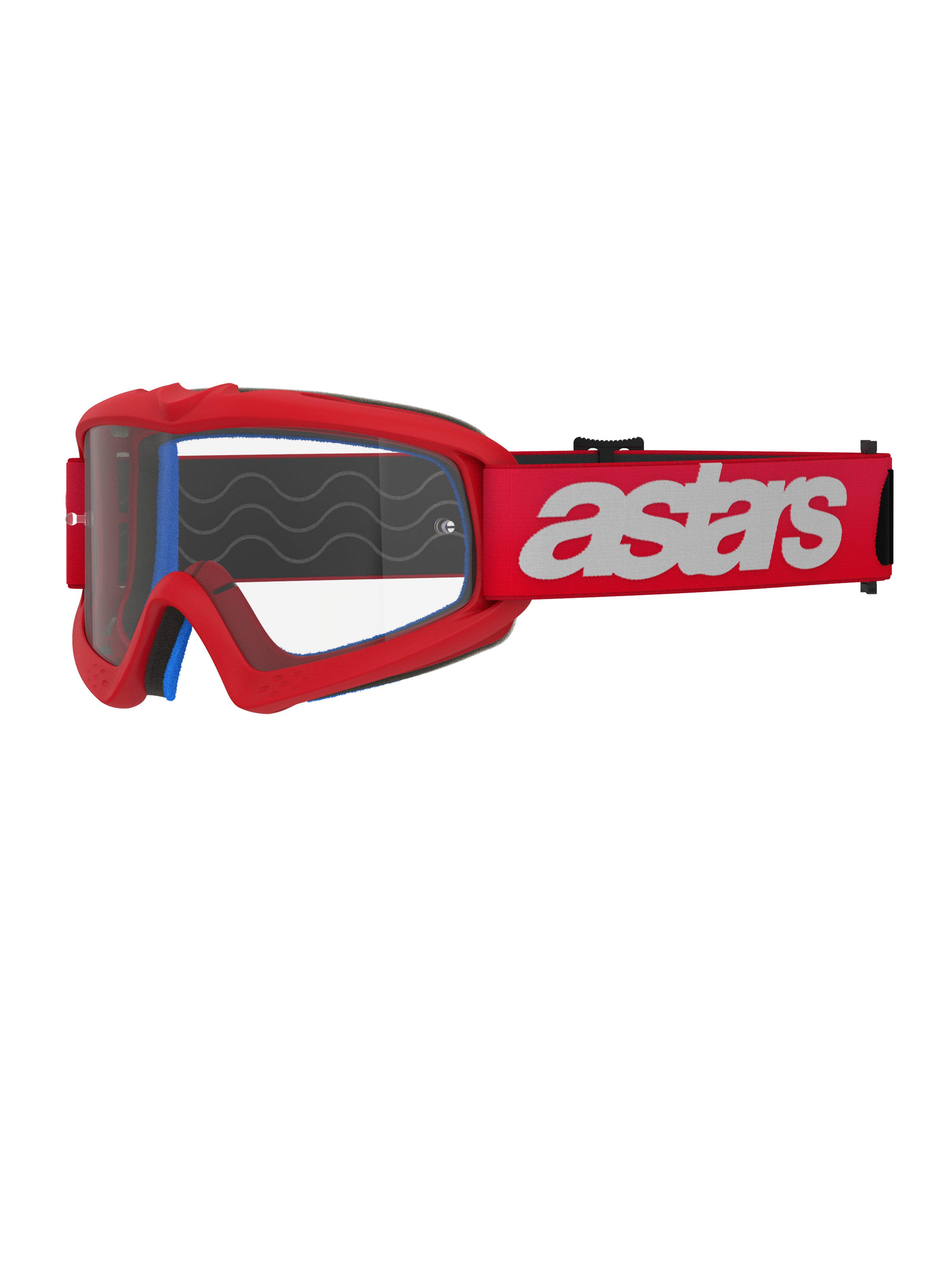 Alpinestars Vision Youth Blaze crossbril, jeugd motocrossbril, rood en wit, heldere lens met tear-off posts, blauwe binnenvoering, rode band met wit logo en siliconen golfpatroon voor grip, hoogwaardige oogbescherming voor off-road racing voor de jeugd