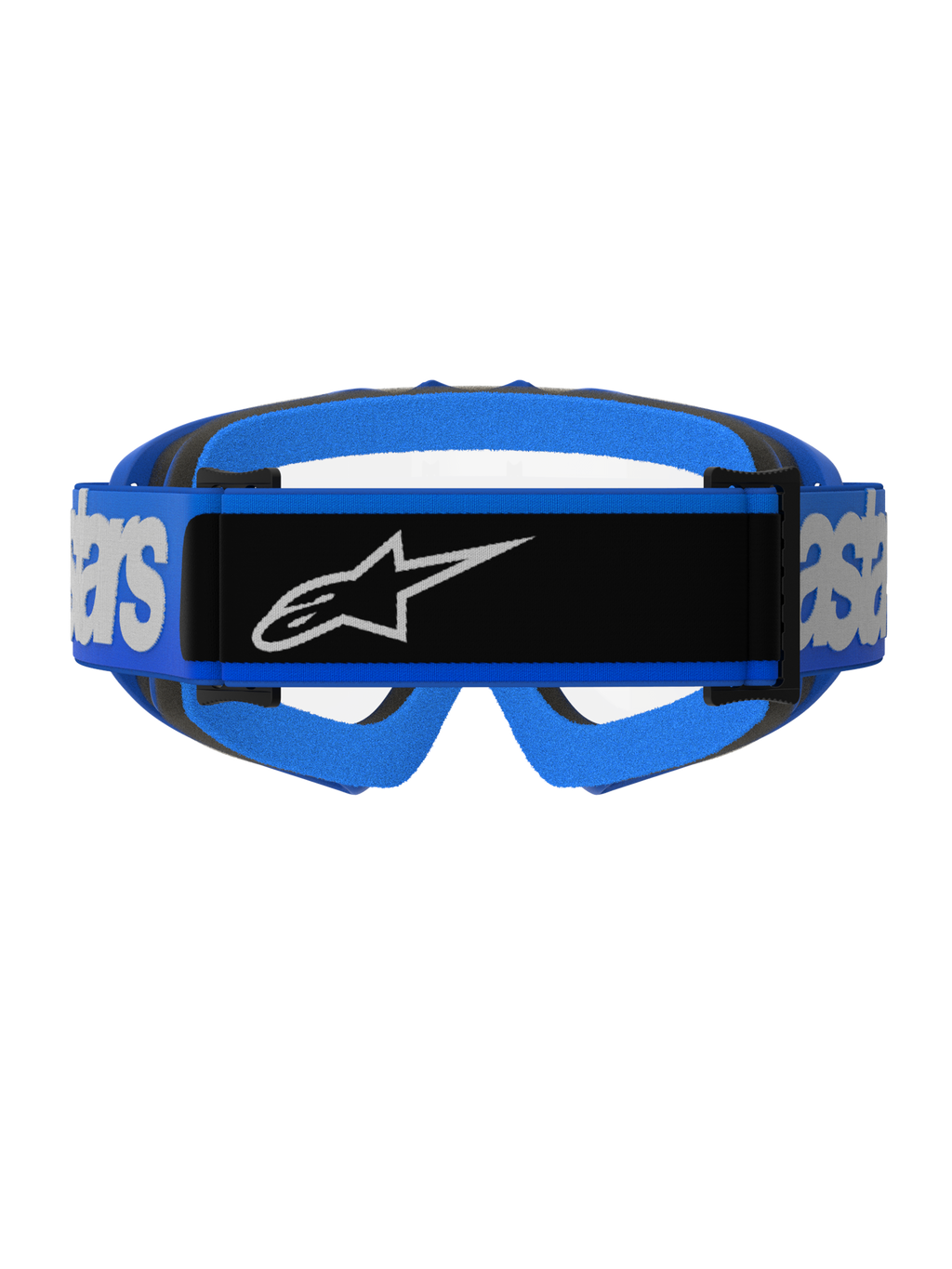 Alpinestars Vision Jeugd Blaze Goggles, motorcrossbril, blauw en helder, achteraanzicht met een brede blauwe band met een zwart centraal paneel en wit Alpinestars-logo, blauwe en zwarte schuimvulling, transparante lens