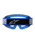Alpinestars Vision Jeugd Blaze Goggles, motorcrossbril, blauw en helder, achteraanzicht met een brede blauwe band met een zwart centraal paneel en wit Alpinestars-logo, blauwe en zwarte schuimvulling, transparante lens