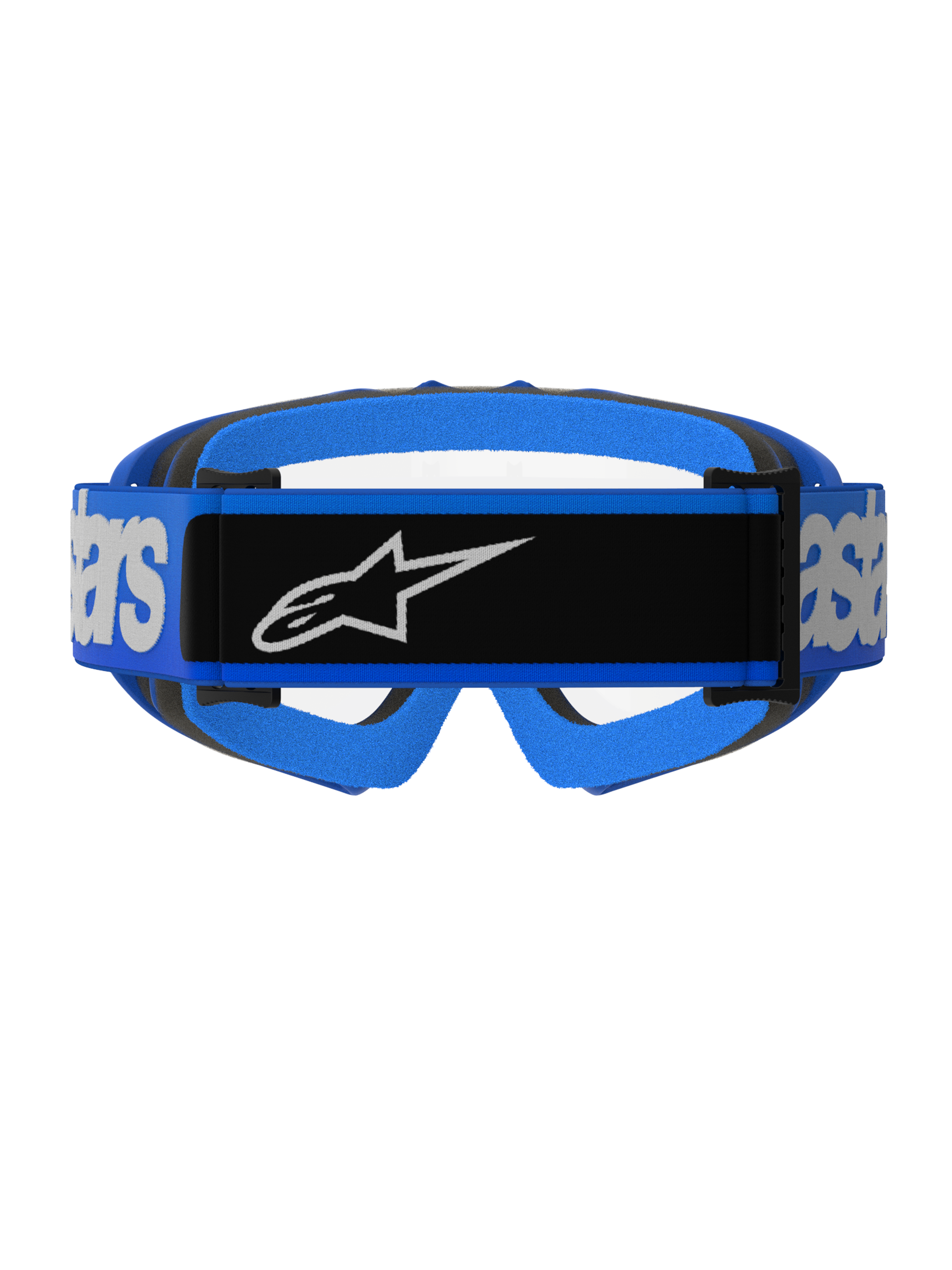 Alpinestars Vision Jeugd Blaze Goggles, motorcrossbril, blauw en helder, achteraanzicht met een brede blauwe band met een zwart centraal paneel en wit Alpinestars-logo, blauwe en zwarte schuimvulling, transparante lens