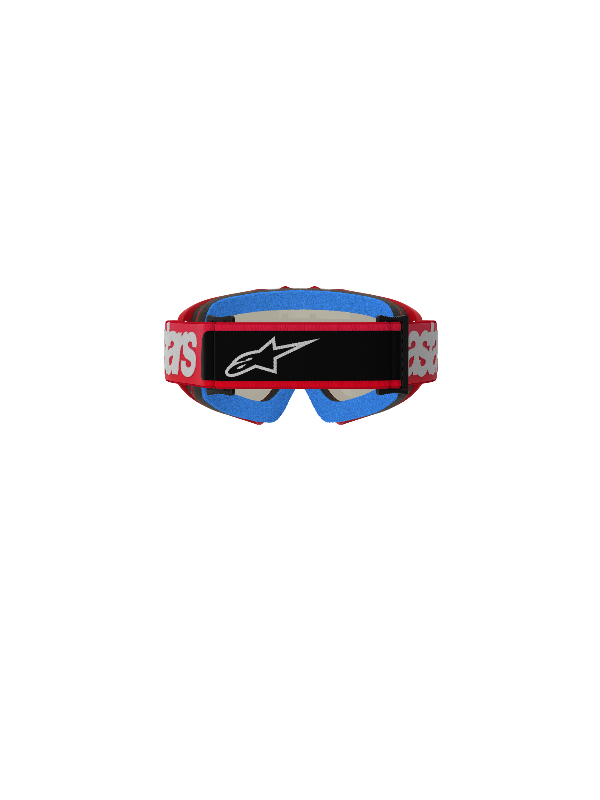 Alpinestars Vision Youth Blaze Goggles, Motocross Goggles, Red and Silver, Rear view showing red strap with white branding and black central patch with white Astars logo, blue inner foam padding