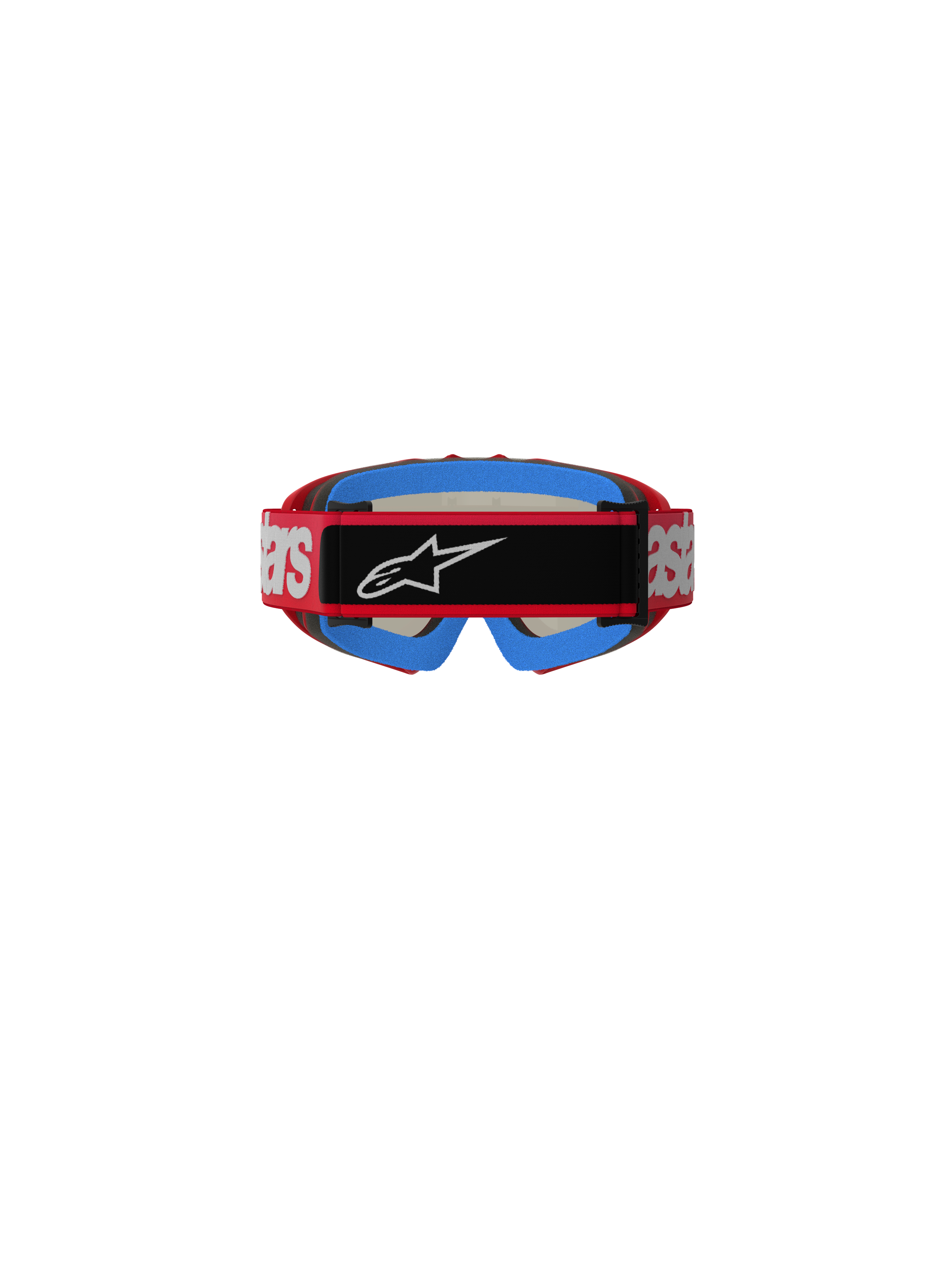 Alpinestars Vision Youth Blaze Goggles, motorcrossbril, rood en zilver, achteraanzicht met rode band met witte branding en een zwart middenstuk met wit Astars-logo, blauwe schuimvulling aan de binnenzijde