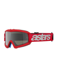 Alpinestars Vision Youth Blaze Goggles, motocrossbril, Red Mirror Silver, rood frame met zilveren gespiegelde lens, brede rode band met wit astars-logo, professionele off-road oogbescherming voor jonge rijders