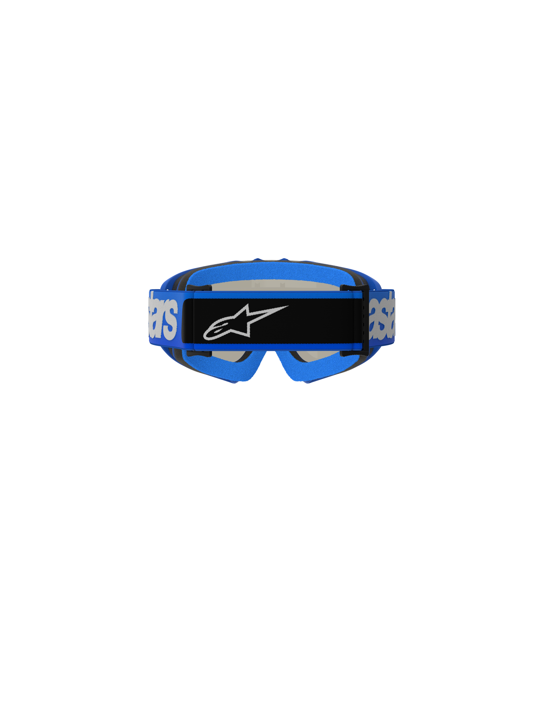 Alpinestars Vision Youth Blaze Goggles, motorcrossbril, blauw, achteraanzicht met blauwe geweven band met witte Alpinestars-branding en zwarte centrale logoplaat, blauwe schuimvulling, ontworpen voor off-road racing voor de jeugd