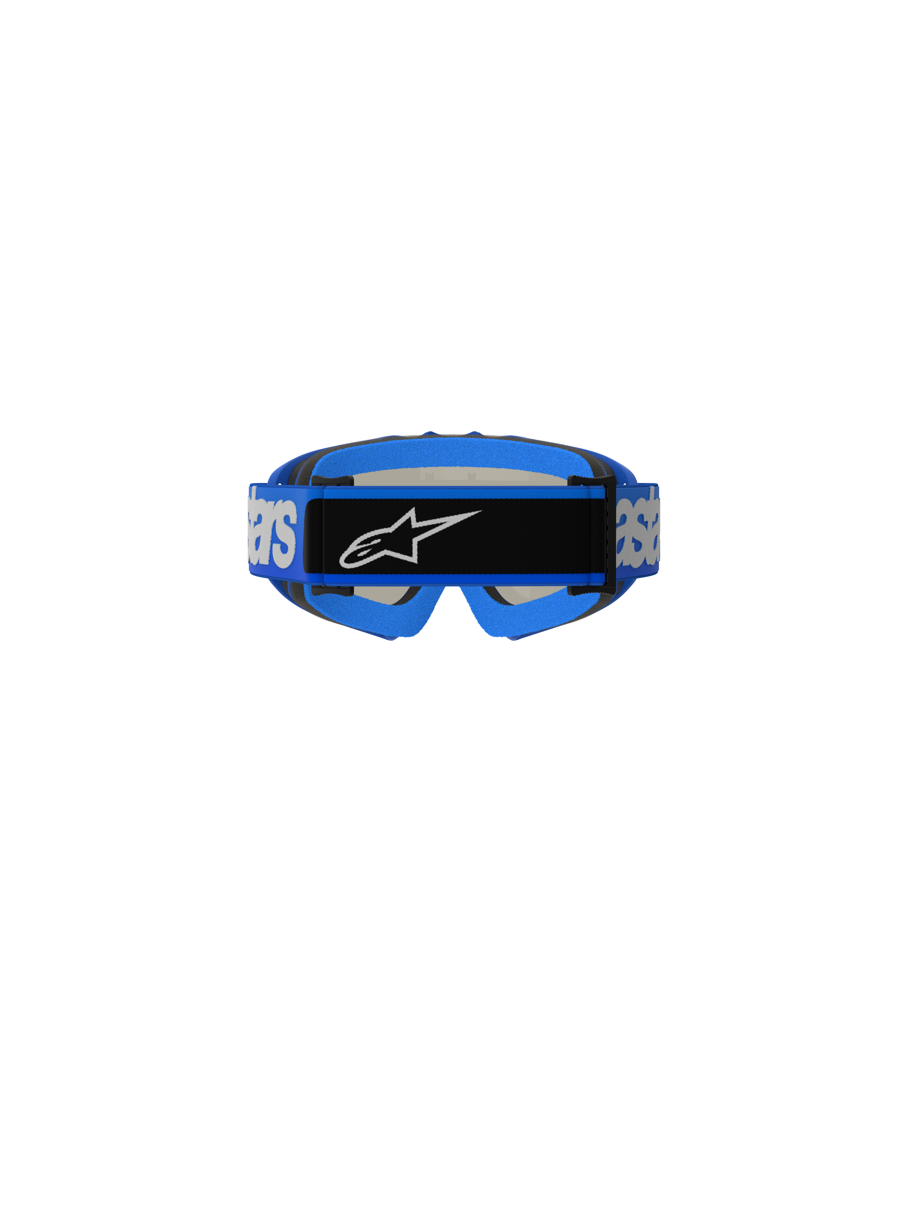 Alpinestars Vision Youth Blaze Goggles, motorcrossbril, blauw, achteraanzicht met blauwe geweven band met witte Alpinestars-branding en zwarte centrale logoplaat, blauwe schuimvulling, ontworpen voor off-road racing voor de jeugd