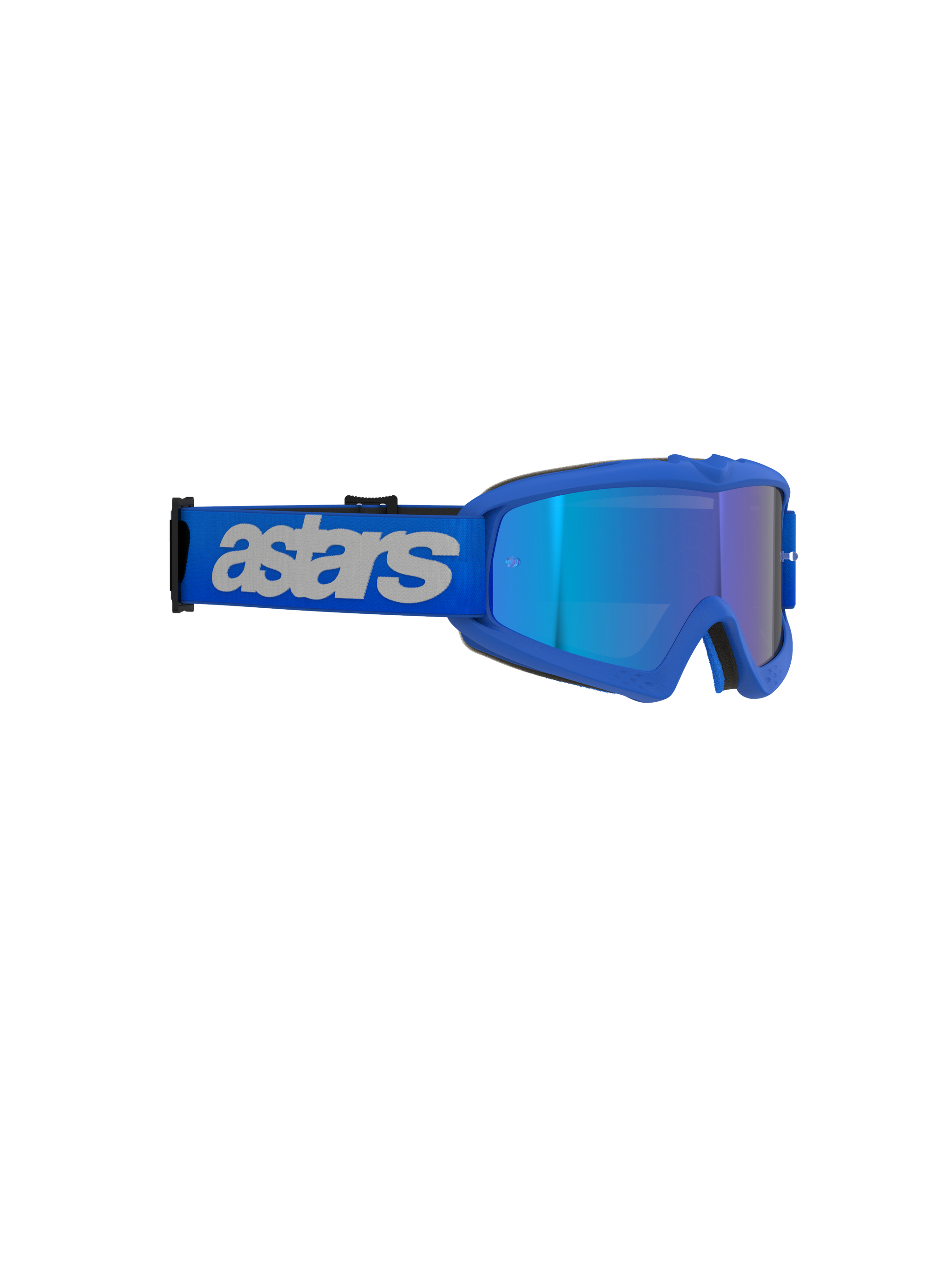 Alpinestars Vision Youth Blaze Goggles, motorcrossbril, blauw met spiegelende lens, levendig blauw frame, brede blauwe band met lichtgrijs 'astars' logo, hoogwaardige oogbescherming voor jonge off-road rijders