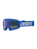 Alpinestars Vision Youth Blaze crossbril, motorcrossbril, blauw, blauw frame met blauwe spiegelende anti-condens lens, verstelbare blauwe band met wit "astars" logo, gespecialiseerde beschermende bril voor jonge rijders