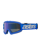 Alpinestars Vision Youth Blaze crossbril, motorcrossbril, blauw, blauw frame met blauwe spiegelende anti-condens lens, verstelbare blauwe band met wit "astars" logo, gespecialiseerde beschermende bril voor jonge rijders