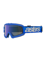 Alpinestars Vision Youth Blaze crossbril, motorcrossbril, blauw, blauw frame met blauwe spiegelende anti-condens lens, verstelbare blauwe band met wit "astars" logo, gespecialiseerde beschermende bril voor jonge rijders